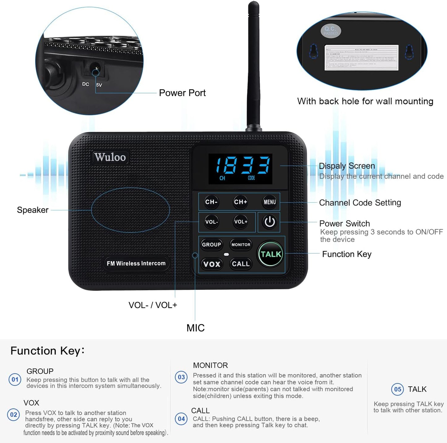 Wuloo Intercoms Wireless for Home 1 Mile Range 22 Channel 100 Digital Code Display Screen, Wireless Intercom System for Home House Business Office, Room to Room Intercom Communication (6 Packs, Black)