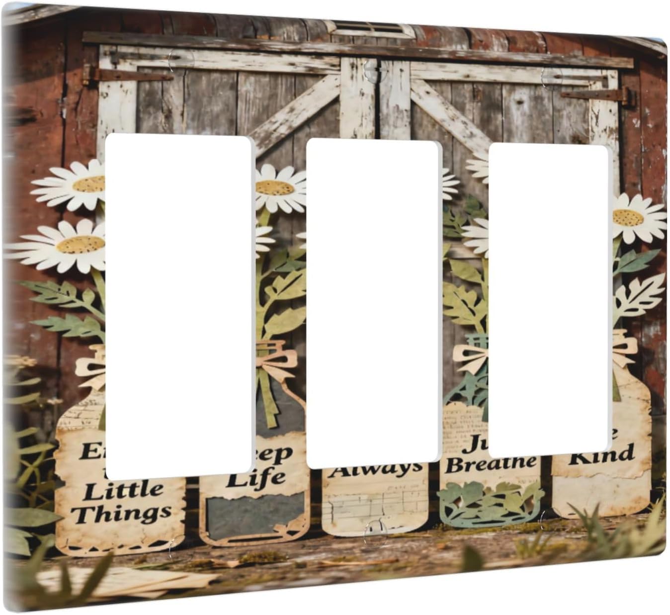 Rustic Daisy Barn Door Flowers 3 Gang Triple Rocker Decorative Light Switch Covers Electrical Faceplate Switch Plates for Bathroom Kitchen Home
