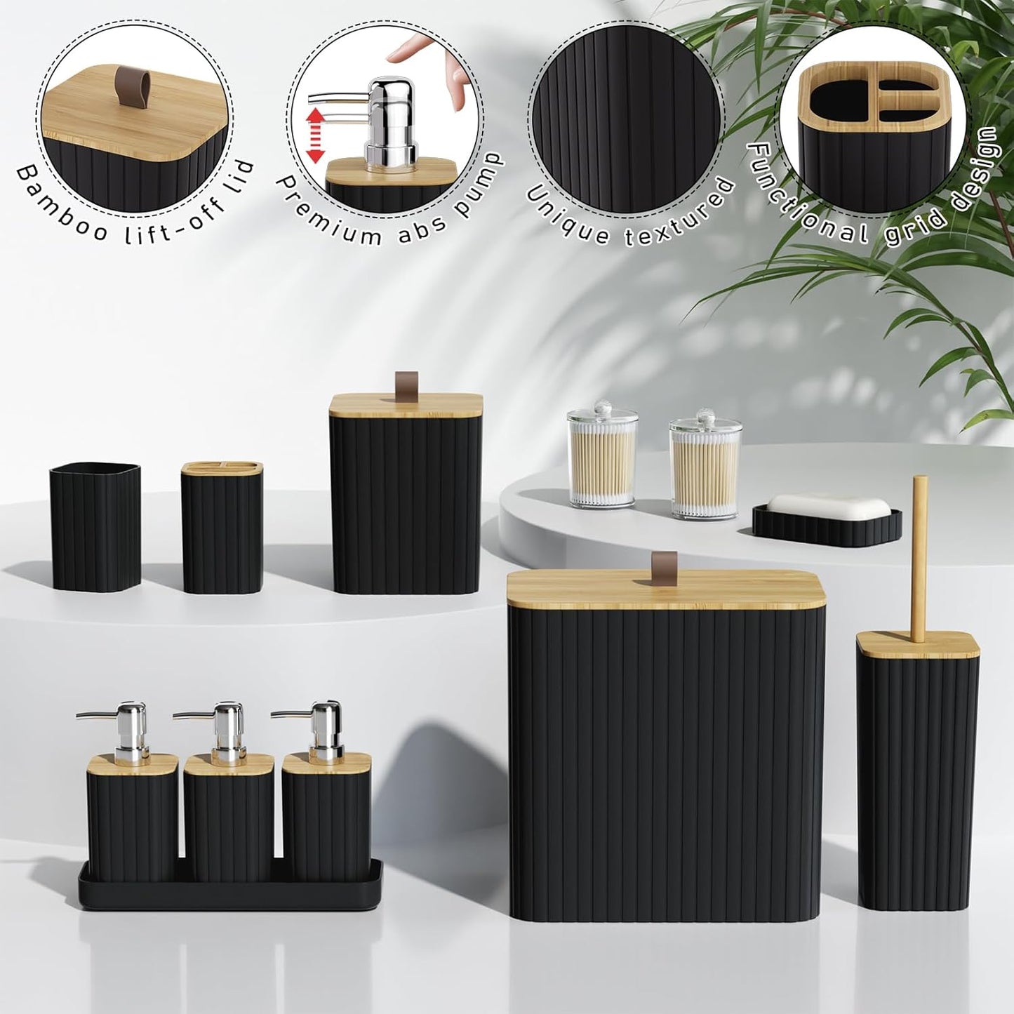 Bathroom Accessory Set - Black Bathroom Set, 27PC Bathroom Accessories Set, Bathroom Sets with Shower Curtain and Rugs, Mini Trash Can, Toilet Brush, Trash Can & Soap Dispenser