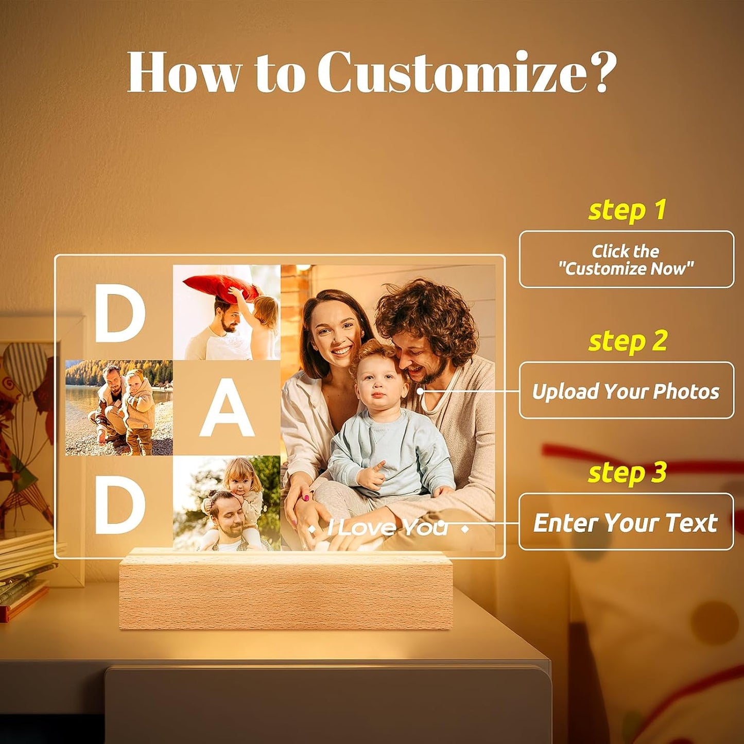 Personalized DAD Picture Frames, Customized Photo Frame with Night Light, Custom Picture Frames, Best Dad Ever Gifts, Personalized Birthday Gifts for Dad from Daughter Son Wife