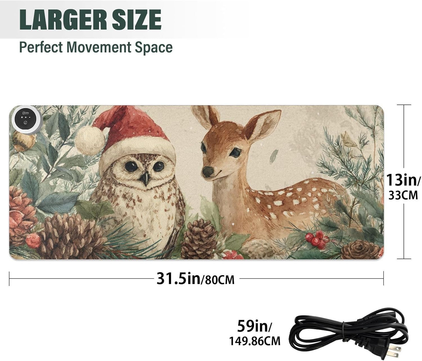 Heated Desk Pad Mouse Pad 31.5x13 Inch PU Leather Desk Mat with 3 Heat Levels Large Mouse Gaming Computer Laptop Mat Beige Christmas Owl Deer Pinecorns