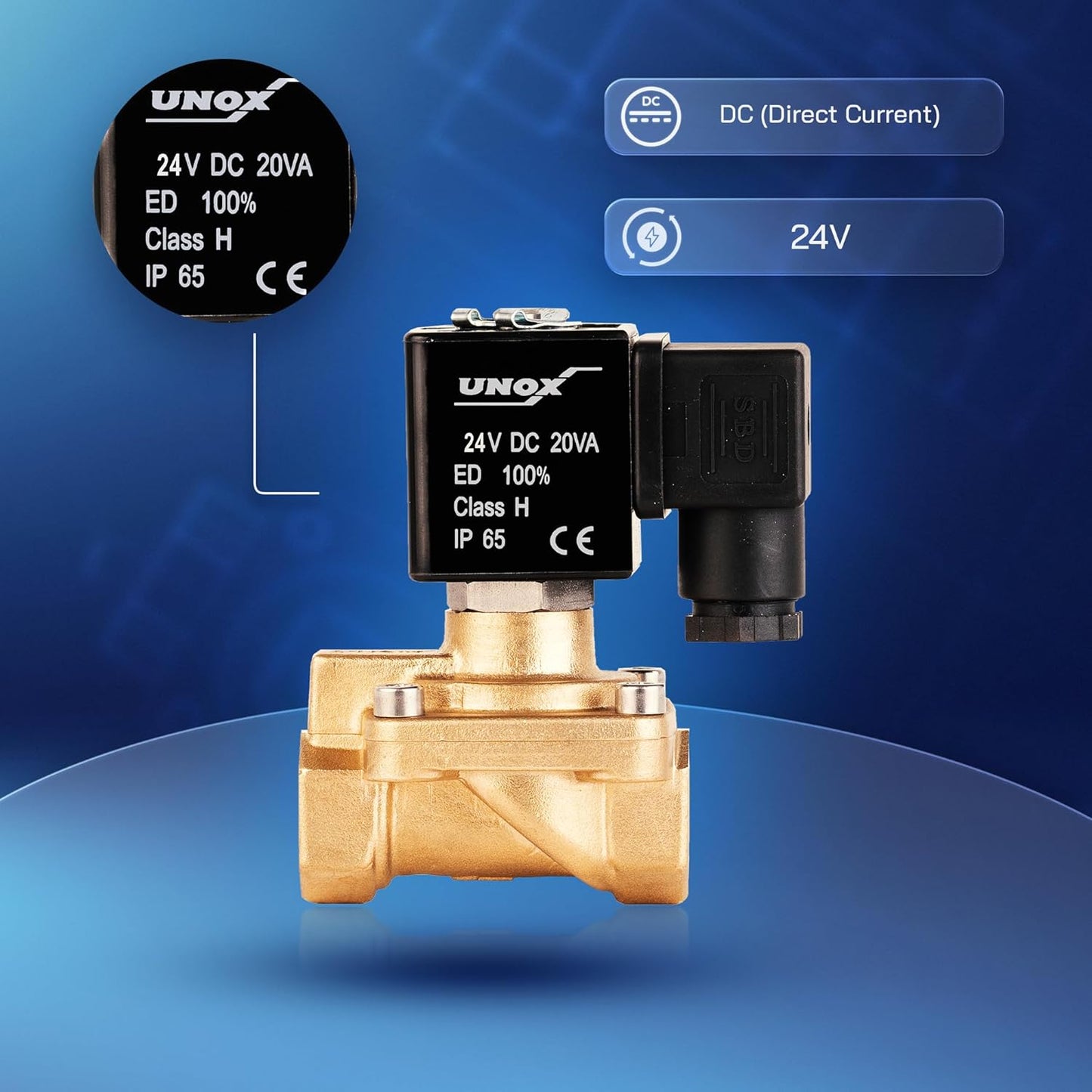 UNOX 3/8" NPT Solenoid Valve 24V DC, Brass Control Valve Normally Closed - 7-232 PSI Multi-Purpose Reliable Control Valve for Water, Air, and Gas - Solenoid Valves