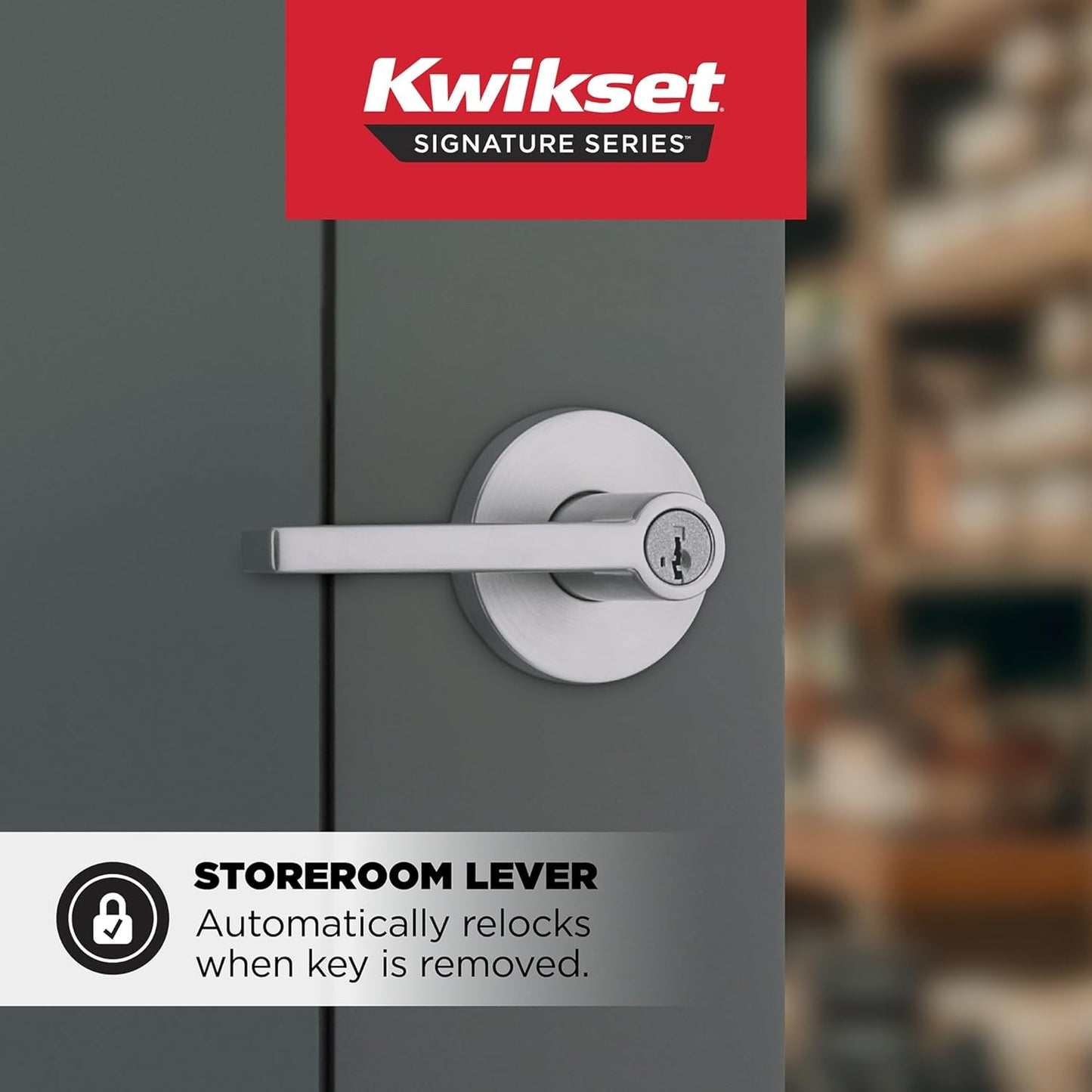 Kwikset Halifax Keyed Storeroom Entry Door Handle with Lock and Key, Secure Keyed Reversible Lever Exterior, for Front Entrance and Bedrooms, Satin Chrome, Pick Resistant Smartkey Rekey Security