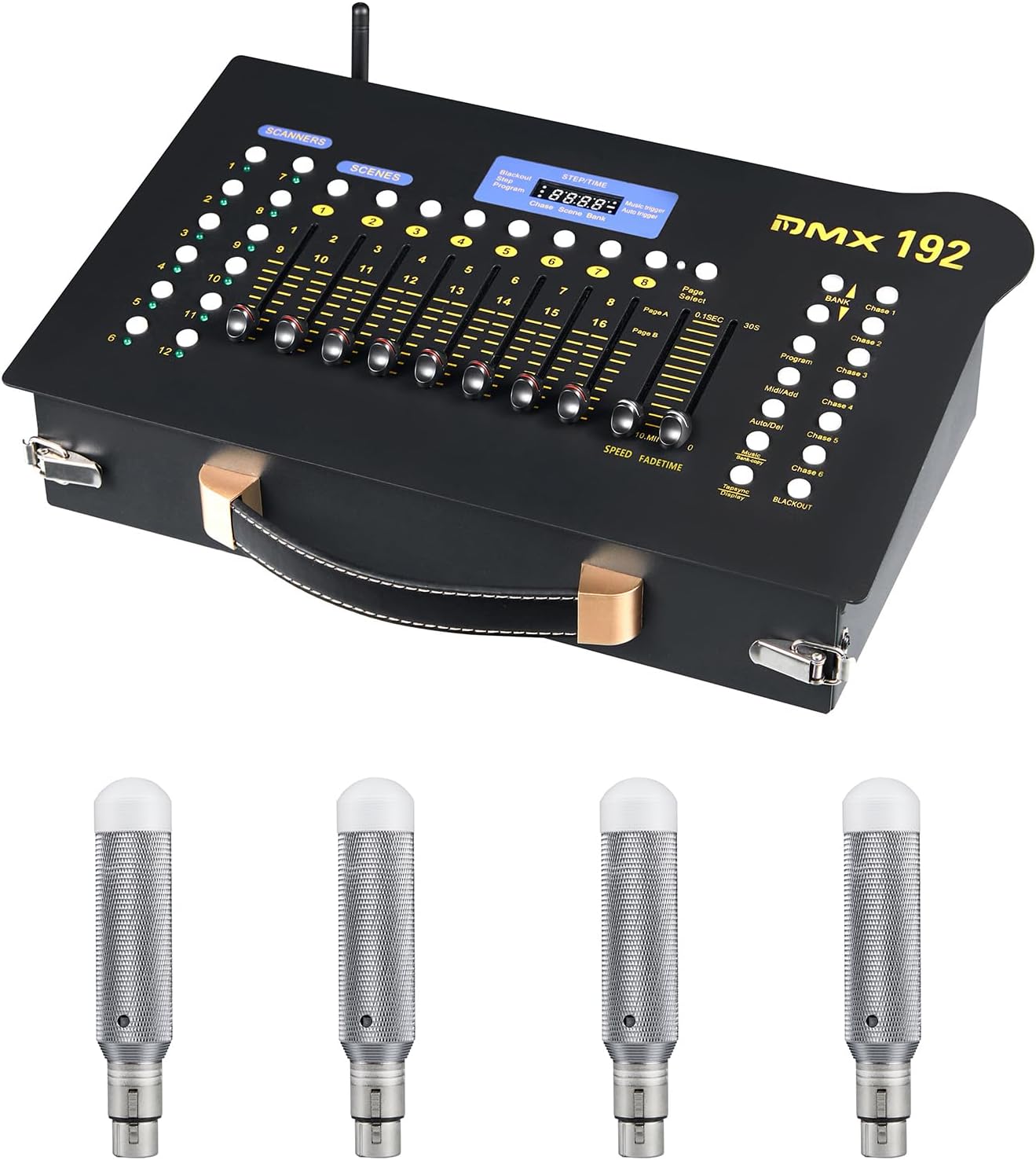 DMX512 Controller Stage DJ Light Console Lighting Mixer Board Console Wireless DMX Transmitter Receivers Set 192 Channels for Party DJ Disco Lights Show Night DJs KTV Bars Moving Heads