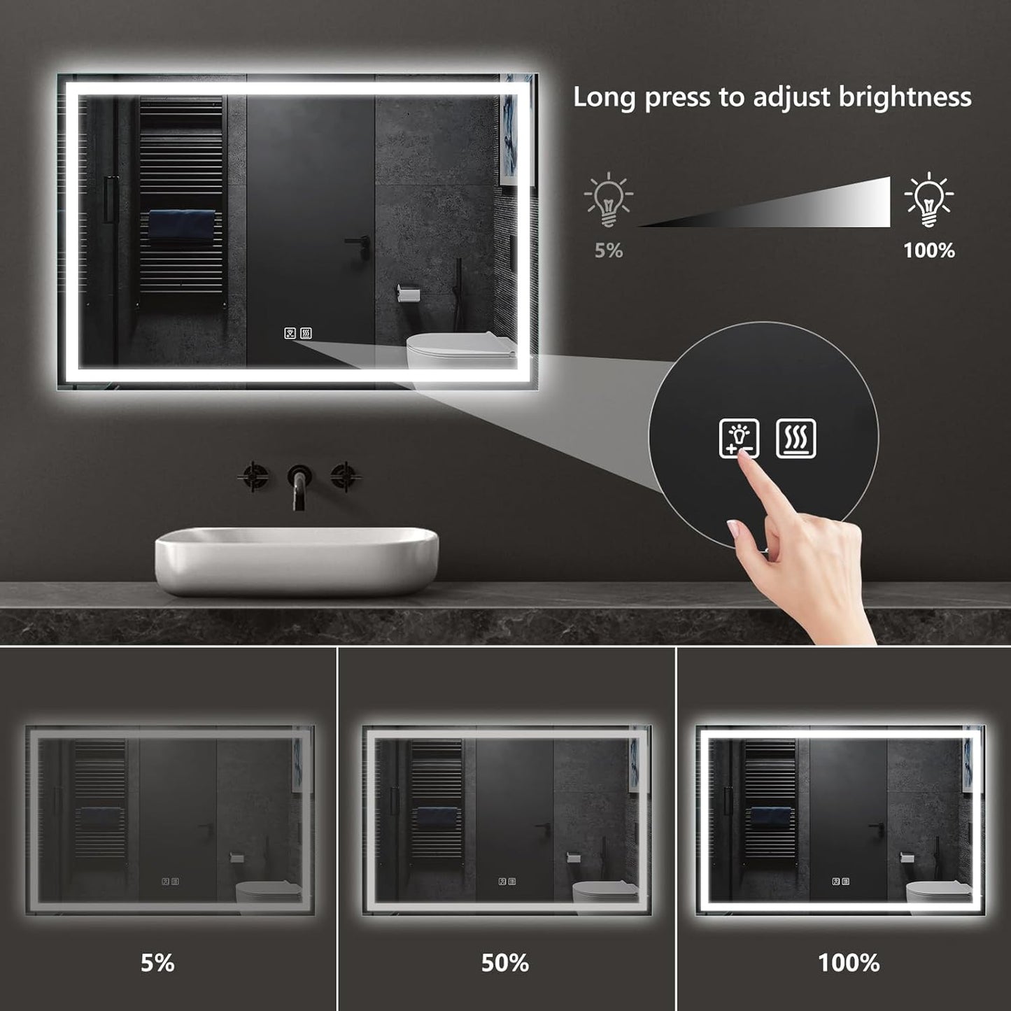 APRILSOUL 42x30 Inch LED Bathroom Mirror with Front and Backlit, Makeup Mirror with 3 Color Lights, Memory Function, Anti-Fog and Dimmable Light (Horizontal/Vertical)