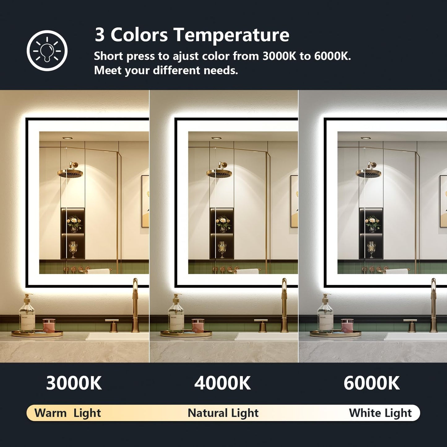 36x36 Inch LED Bathroom Mirror with Lights (Front Lit and Backlit) Black Framed Lighted Vanity Mirror for Bathroom Wall Dimmable Anti-Fog Memory Tempered Glass Horizontal/Vertical