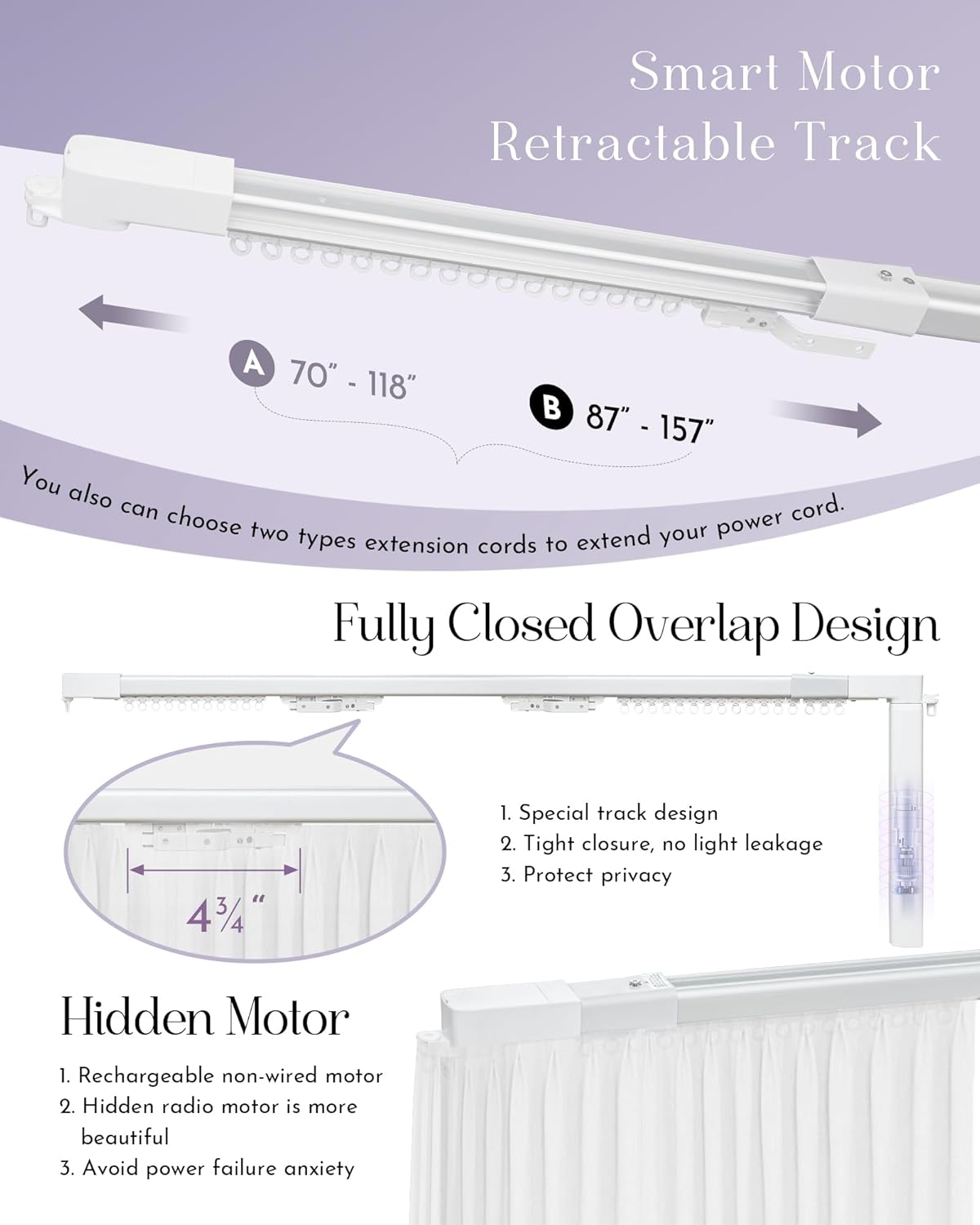 Graywind Retractable Smart Curtain Track Motorized Center-Opening Rail, Smart Curtains System Compatible with Alexa/Google Home (87-157inch)