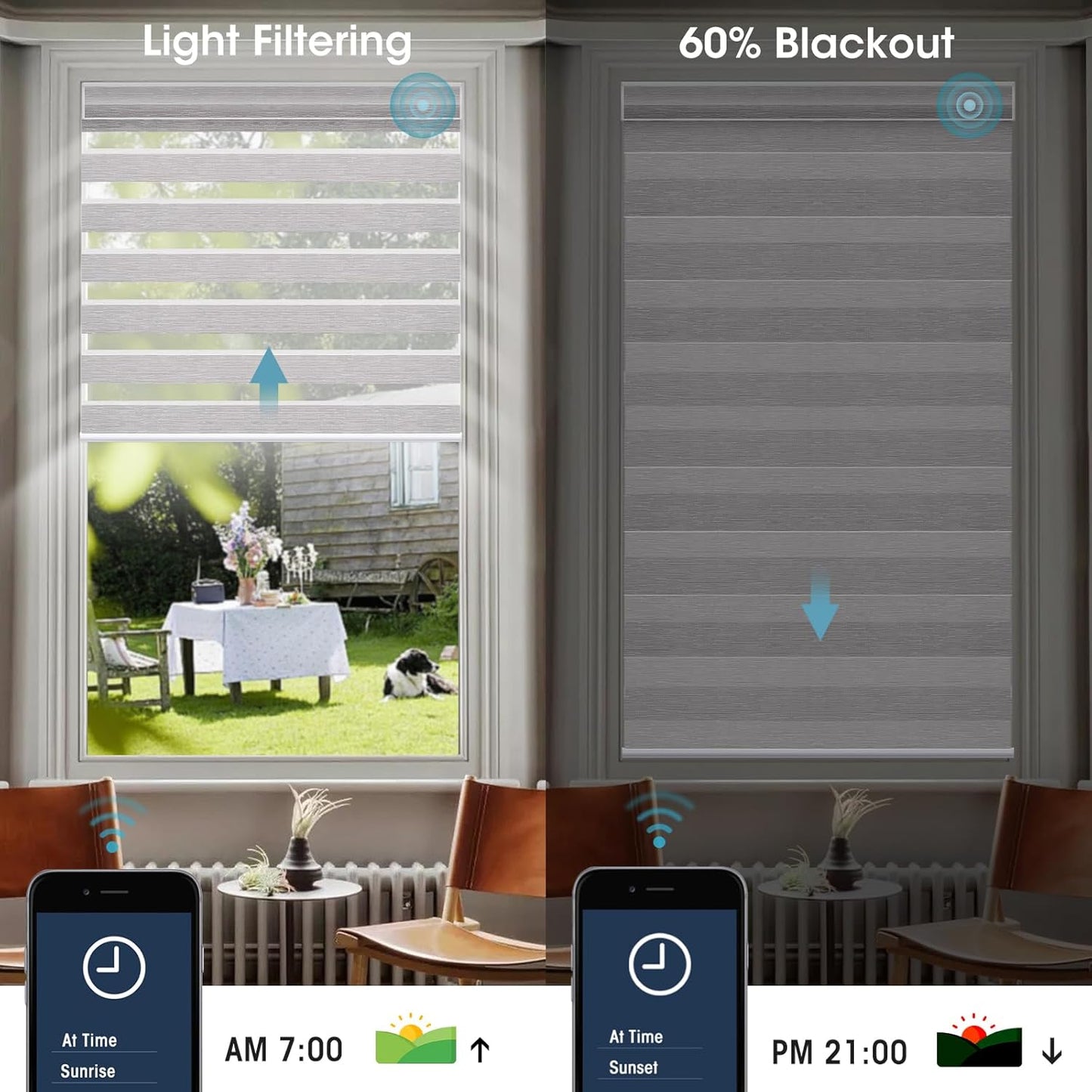 SmartWings Motorized Zebra Shades Compatible With HomeKit, Alexa SmartThings Google, Remote Control Light Filtering Sheer Shade, 50% Blackout Roller, Smart Home/Office, Light Grey, Customized