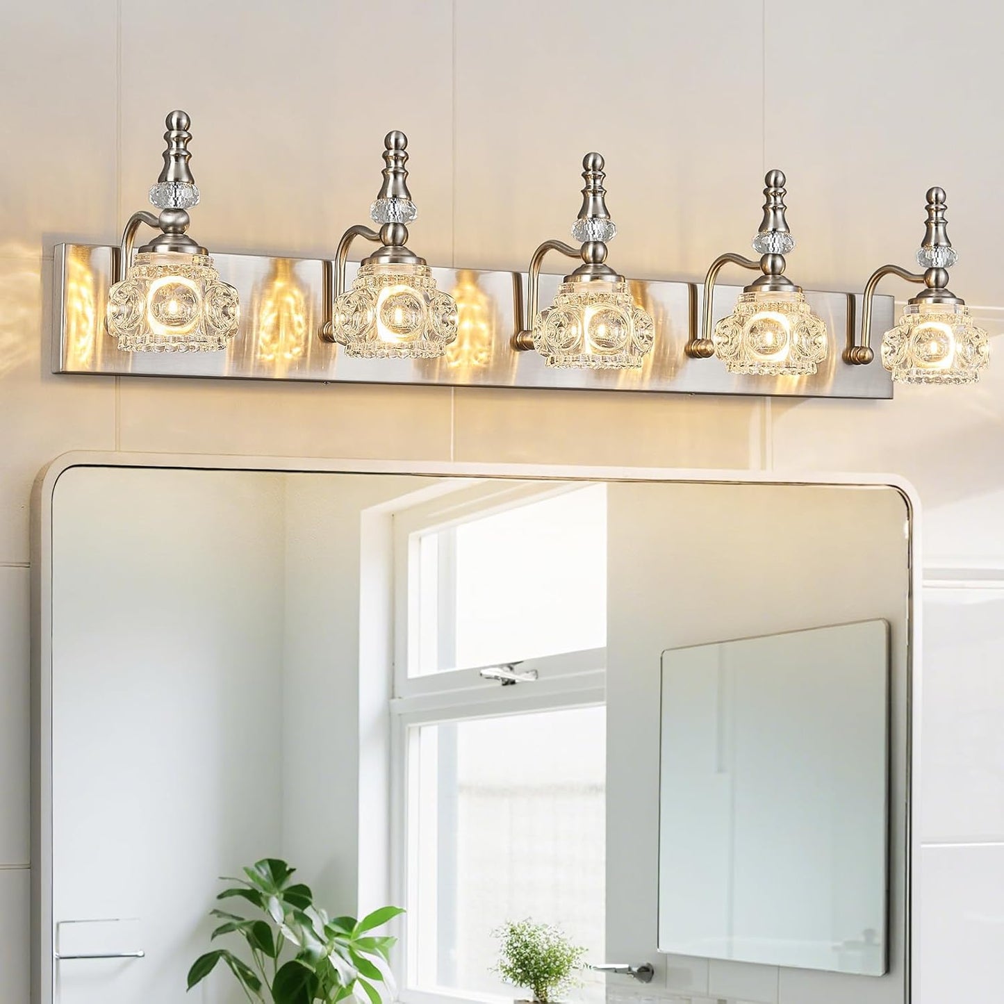 Modern Glass Crystal Vanity Light - Vintage Bathroom Lighting Fixtures Over Mirror, 5 Light Vanity Lights G9 Bulb (35.43 Inch, Nickel)