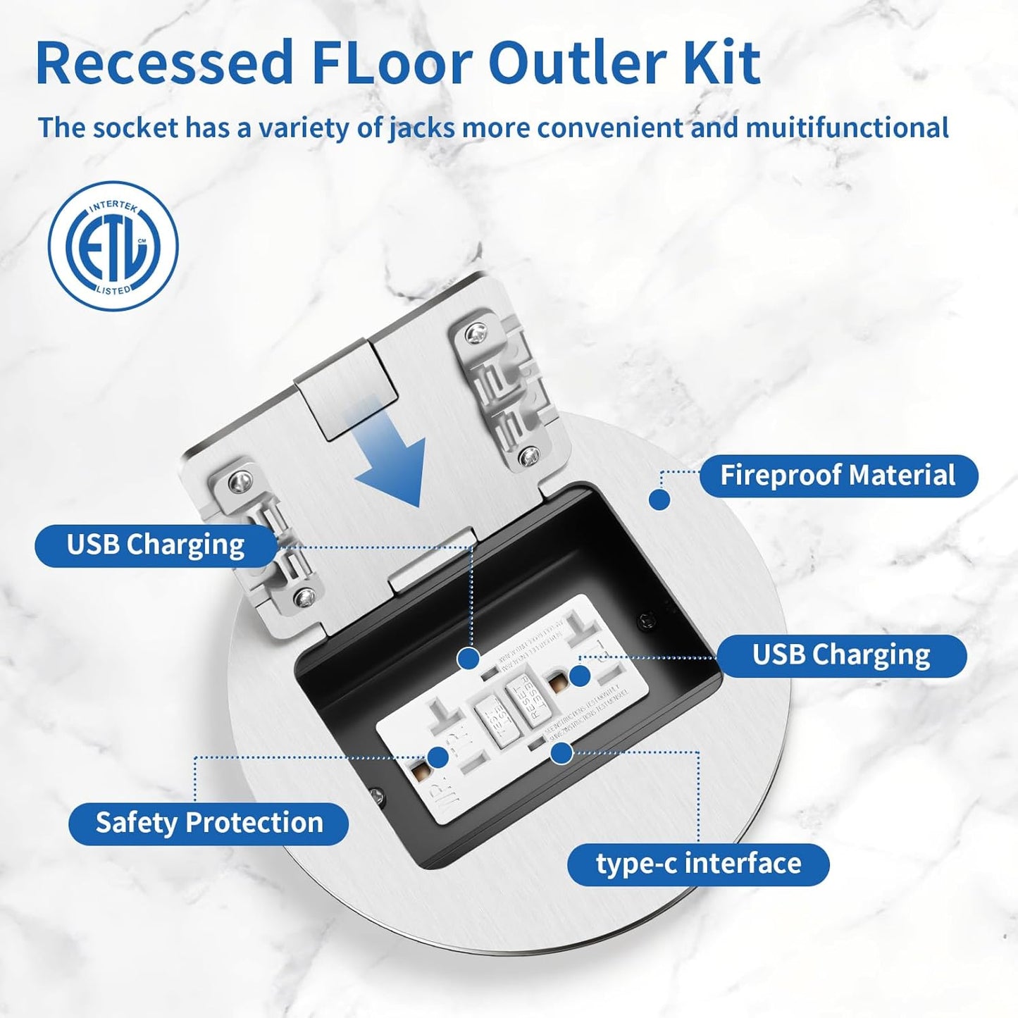 Vagueior Recessed Floor Electrical Outlet Kit, Circular Hidden Duplex GFCI Outlet,20A Tamper-Resistant Receptacle Outlet，Waterproof Electrical Outlet Covcer Box,UL Certified,Silver（2 Pack