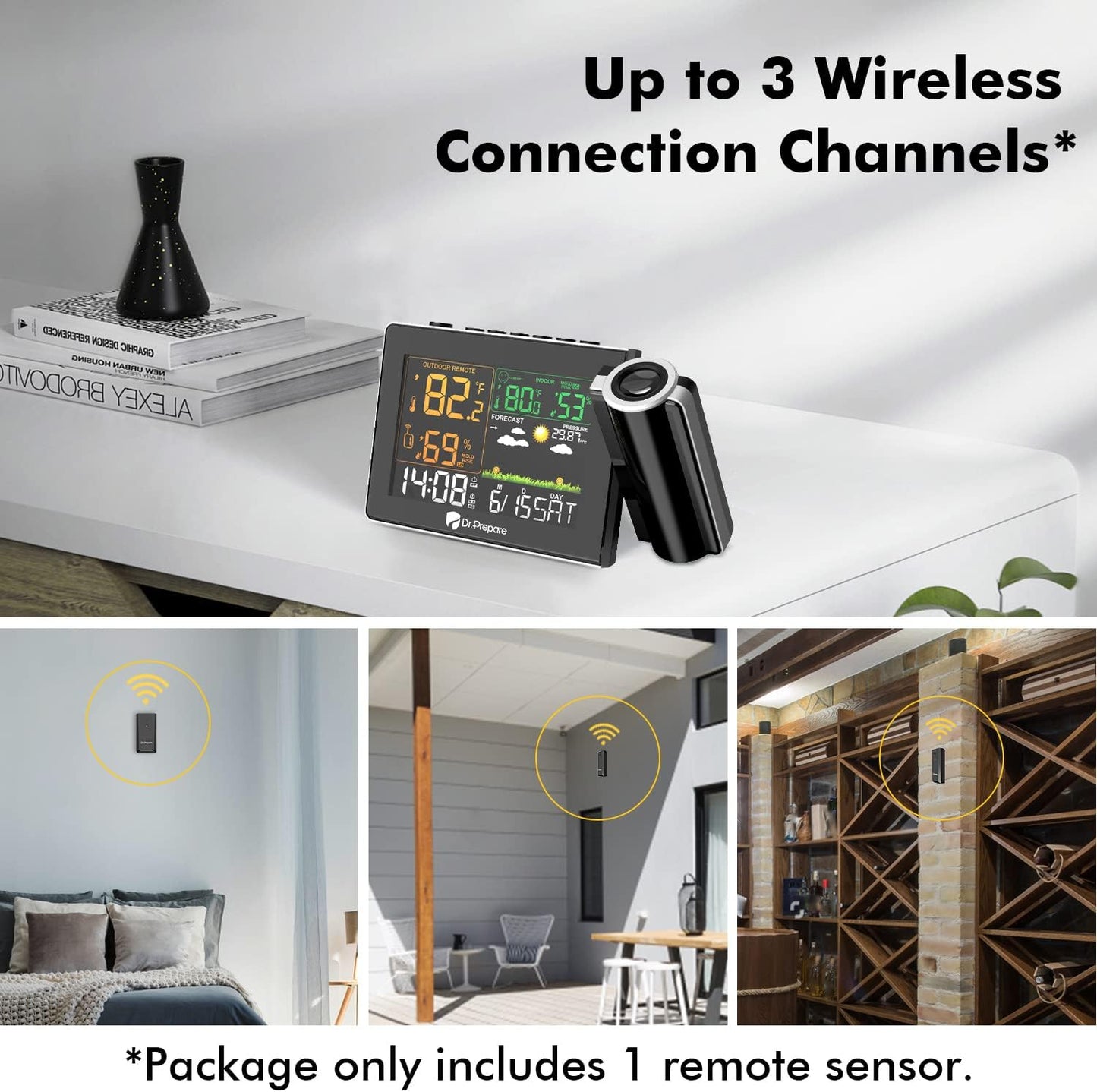 DR.PREPARE Projection Alarm Clock, Adjustable Projection Focus, Wireless Indoor Outdoor Temperature Humidity Monitor, 180° Projector, Snooze, Weather Forecast, Dual Alarms for Bedroom, Heavy Sleeper