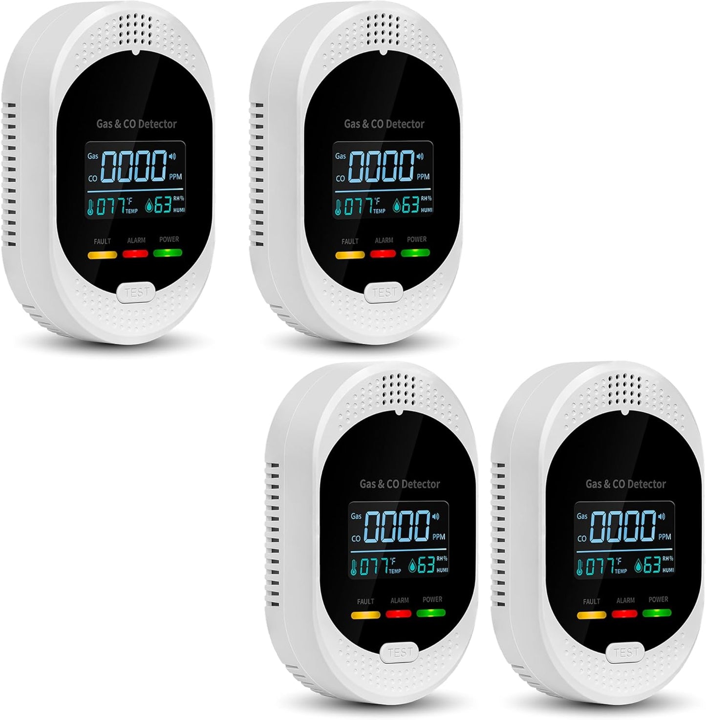 4PCS 4-in-1 Carbon Monoxide & Natural Gas Detectors with Temperature/Humidity LCD Display, Plug in Co Leak Detector Propane Monitor for Home Travel RV Essentials, Sound Alarm Over 85dB