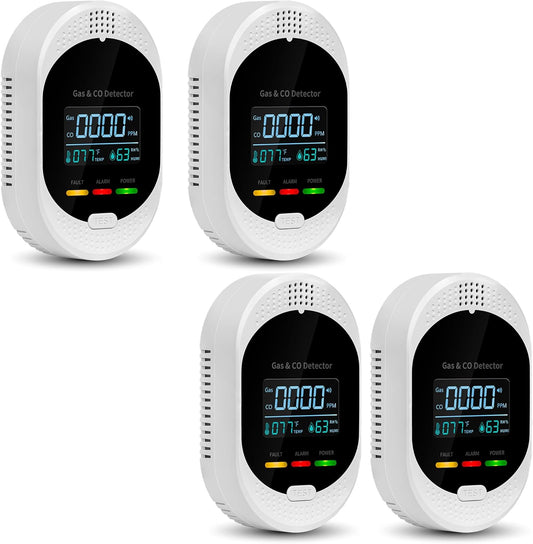 4PCS 4-in-1 Carbon Monoxide & Natural Gas Detectors with Temperature/Humidity LCD Display, Plug in Co Leak Detector Propane Monitor for Home Travel RV Essentials, Sound Alarm Over 85dB