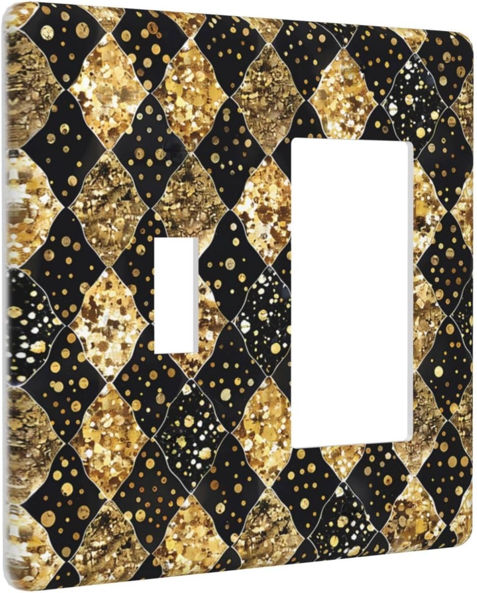 Gold Black Marble Geometric Plaid Glitter Outlet Covers 1 Toggle 1 Rocker Combination Light Switch Cover Plate Decorative Wall Plate Electrical Switch Plates for Bedroom Bathroom Decor