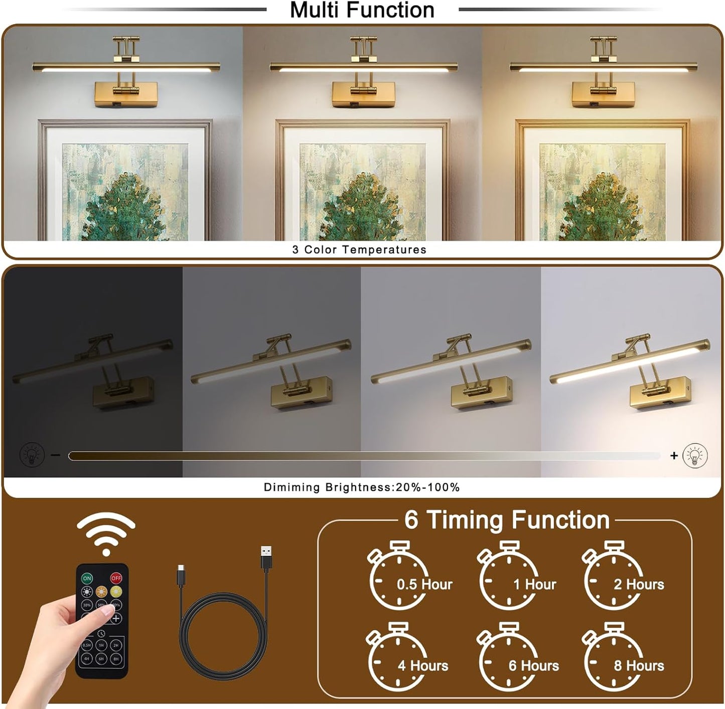 Battery Picture Lights for Wall, Rechargeable Gallery Light Wireless Art Display Lights with Dual-Rods Swing Arm Brass Painting Light with Remote & Timer 3CCT Dimmable Wall Sconces for Portrait 16”