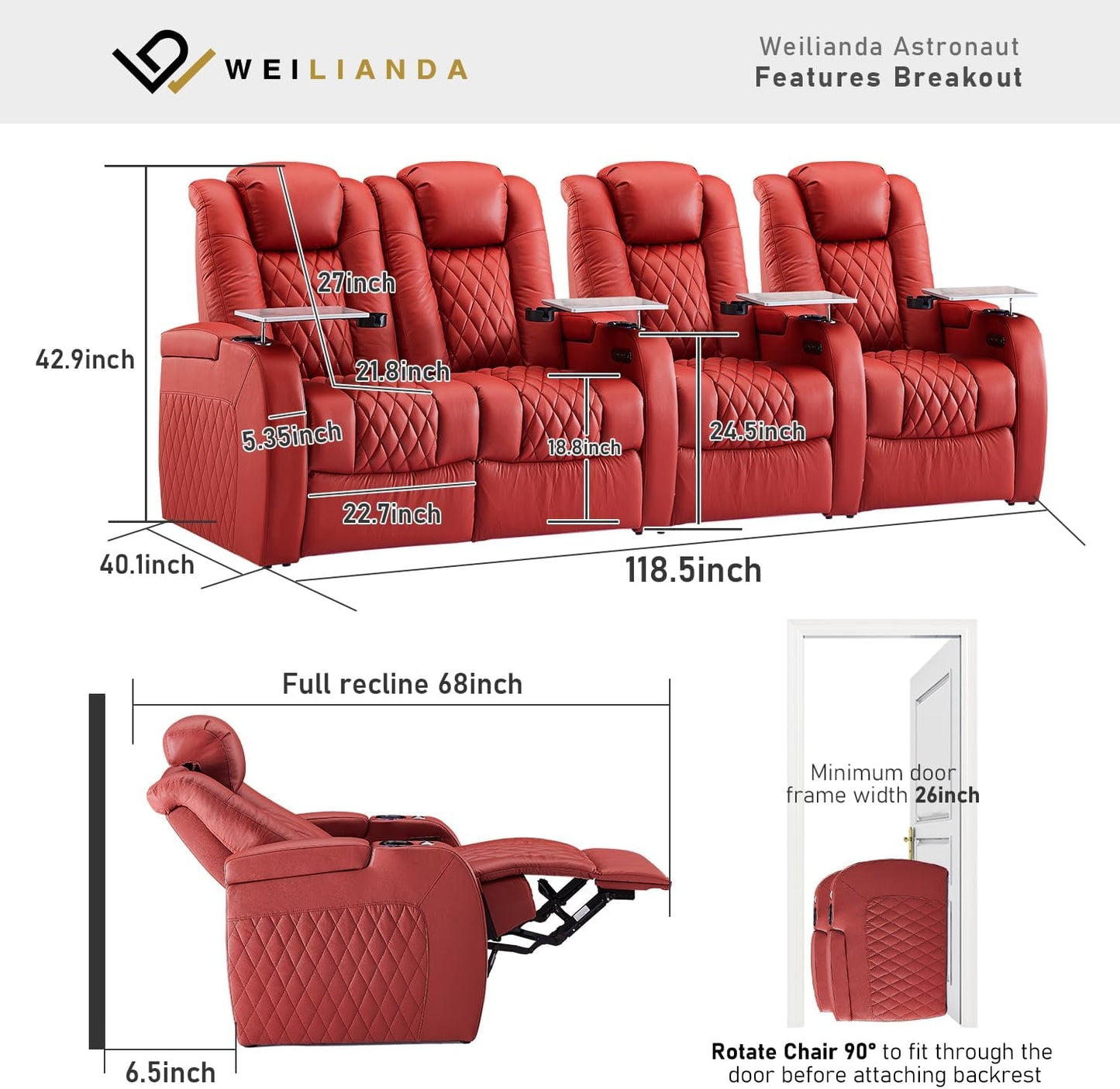 Weilianda Home Theater Seating Top Grain Leather Zero Gravity Recliner Chair Power Headrest Recline Movie Seat Gaming 7 Colors Mood Light Sofa with Tray Table USB Charge Row of 4 Loveseat Left Red