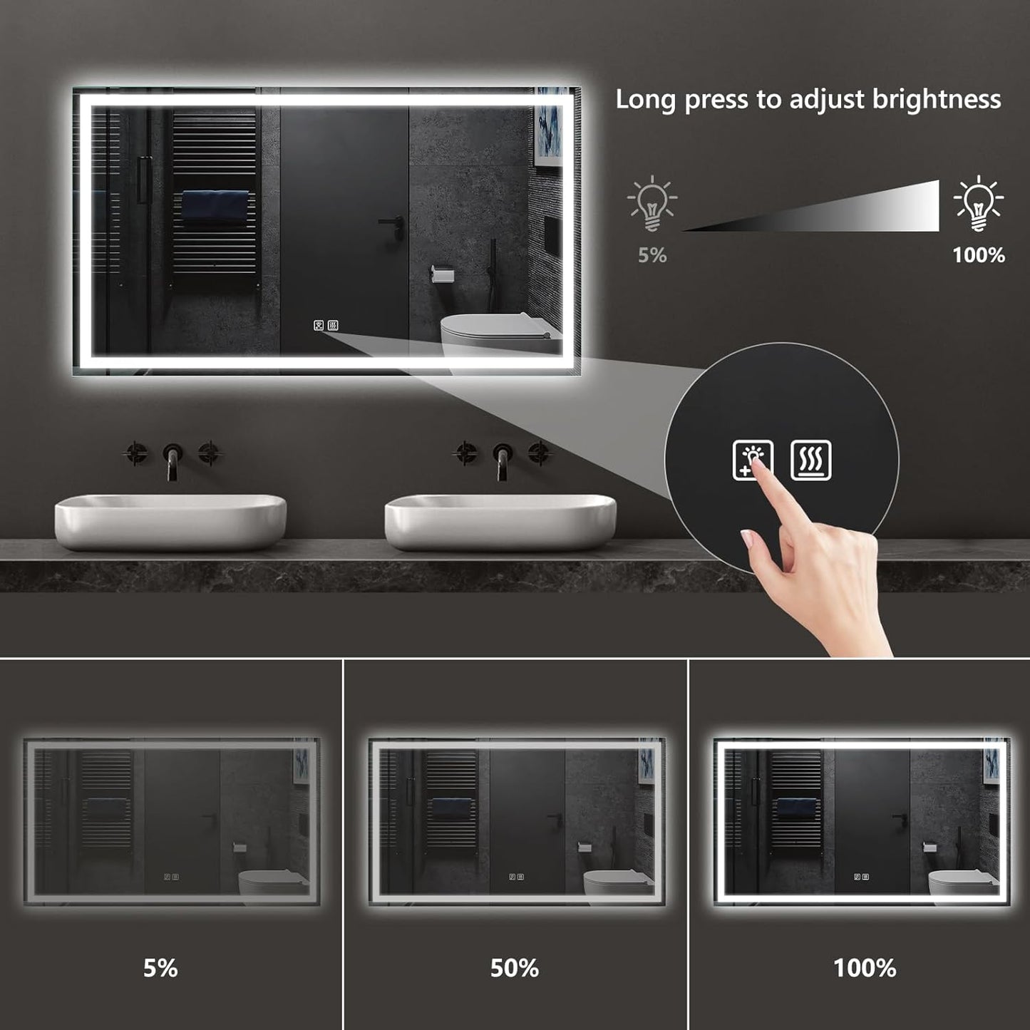 APRILSOUL 60x48 Inch LED Bathroom Mirror with Front and Backlit, Makeup Mirror with 3 Color Lights, Memory Function, Anti-Fog and Dimmable Light (Horizontal)