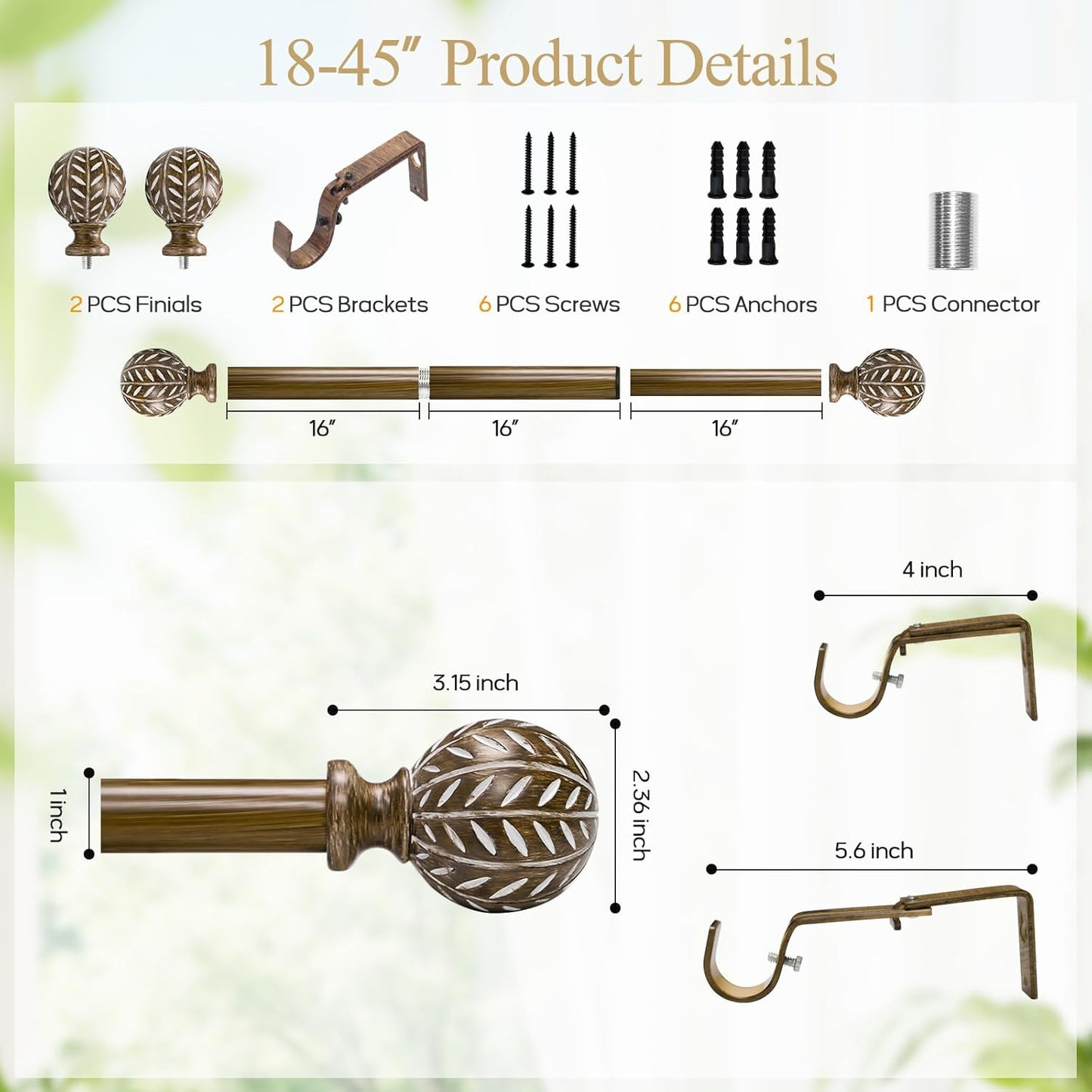 Boho Wooden Curtain Rods for Windows 28 to 48 Inches(2.3-4 ft), Adjustable-Heavy Duty 1" Diameter Drapery Rod with Imitation Wood-Grain Leaf-Pattern Finials - for Living Room & Bedroom，18-45''