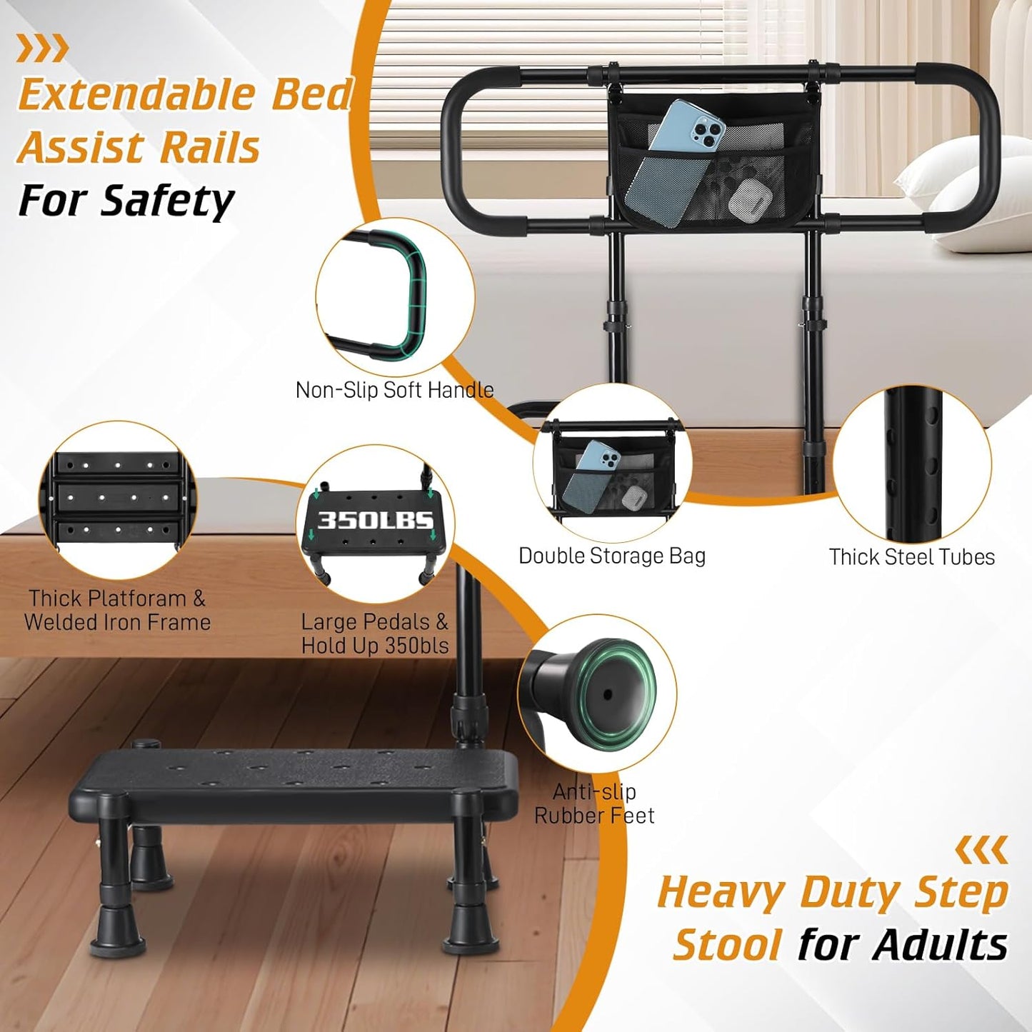 Bed Rails for Elderly Adults Safety, Step Stool with Handle for Ederly - Extended Bed Assist Rail for Seniors with Storage Bag - Adjustable Bed Side Rails Foot Stool, Fits Twin Full Queen King
