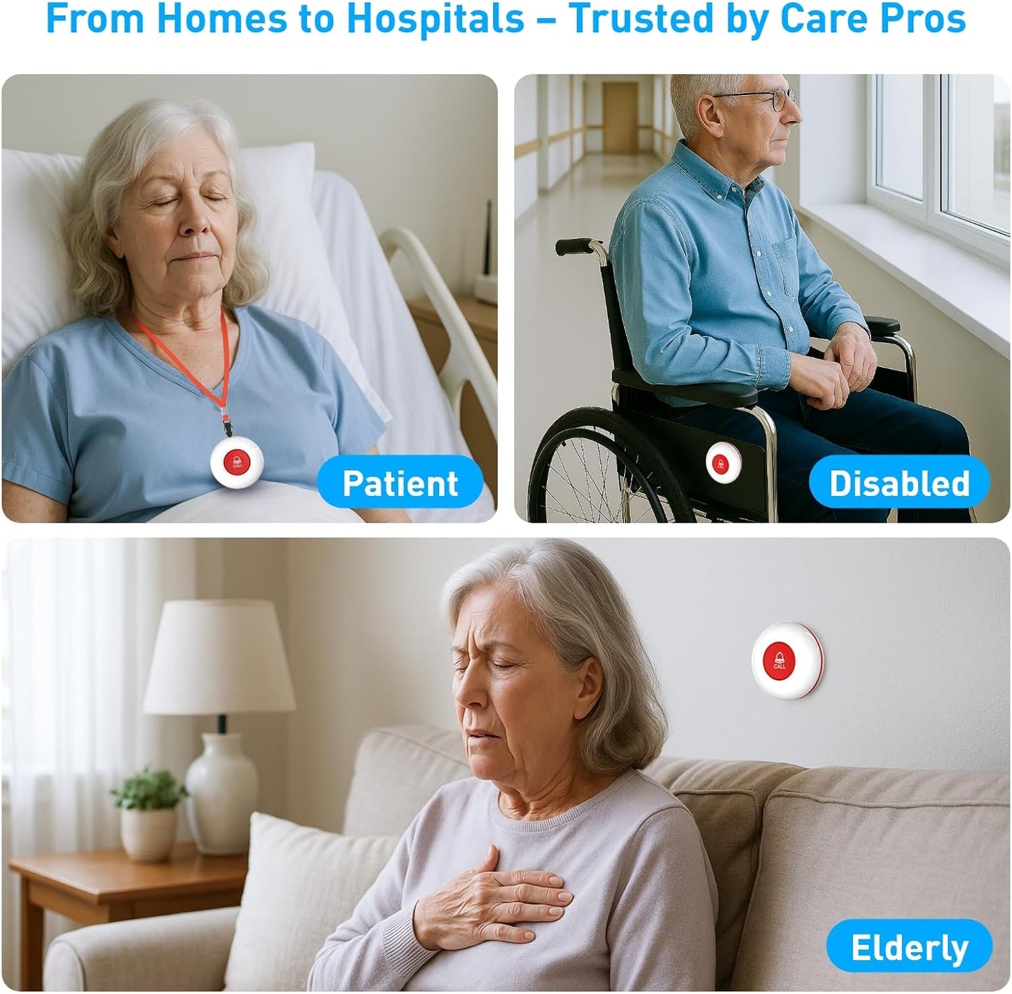 Wireless Caregiver Pager System with Call Button for Elderly at Home - Emergency Alert Button That Calls Cell Phone, 2 SOS Buttons + 1 Receiver for Seniors/Disabled (2.4GHz WiFi, No Monthly Fee)
