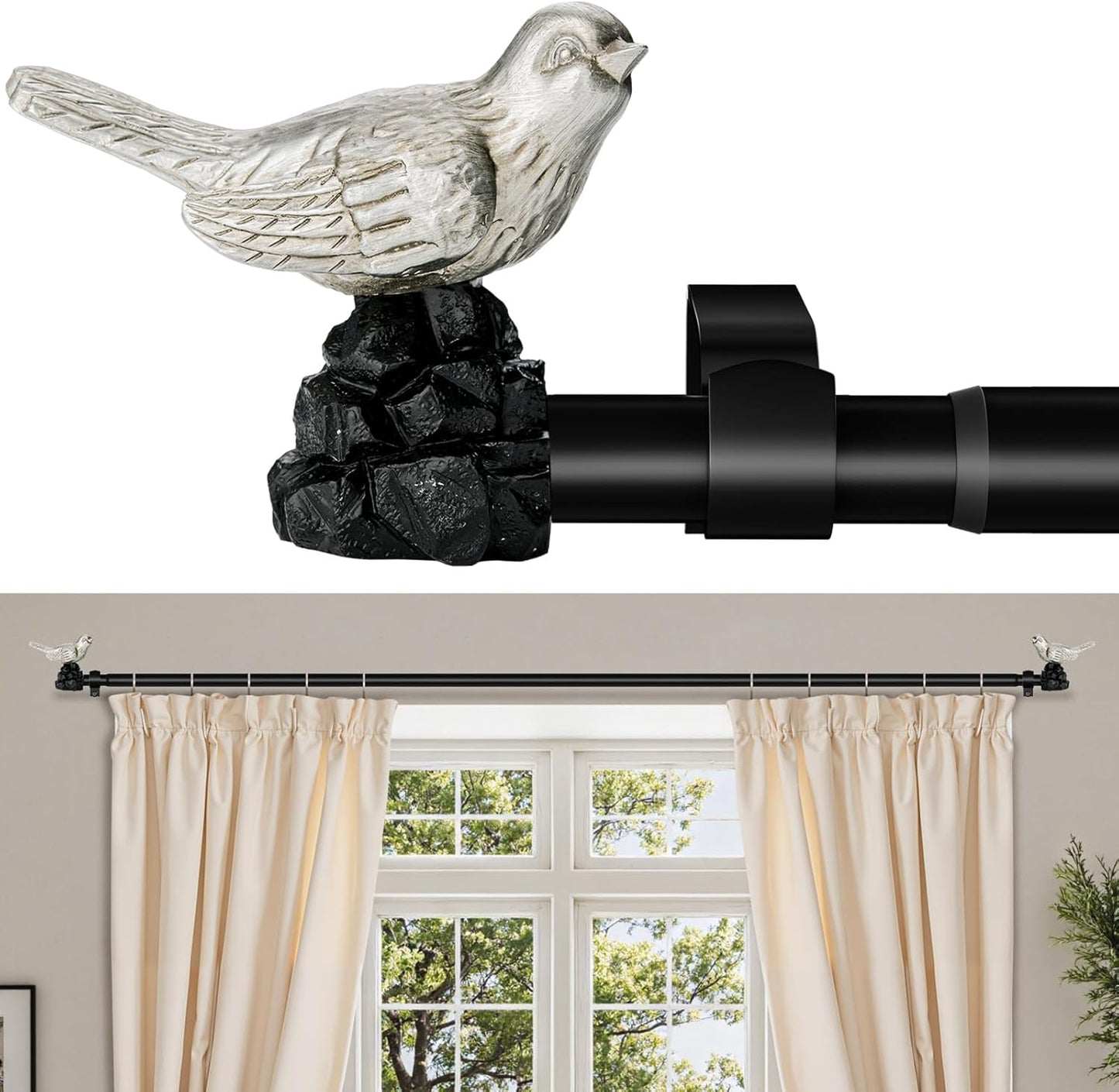 Vintage Pewter Curtain Rod 18 to 45 Inches Curtain Rods for Windows Adjustable Heavy Duty Drapery Rod with Bird Finials for Kitchen Window Living Room