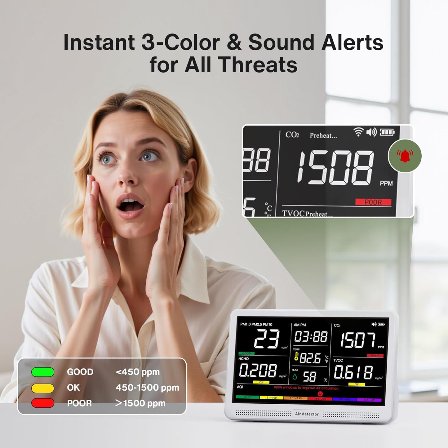bonoch 16 in 1 Air Quality Monitor Indoor 7" Display 9 AQI+7 AQI Alerts, CO2 Monitor Air Quality Tester for CO2, TVOC, PM2.5 PM1.0 PM10, HCHO Temperature Humidity AQI & Time Air Quality Meter for Home
