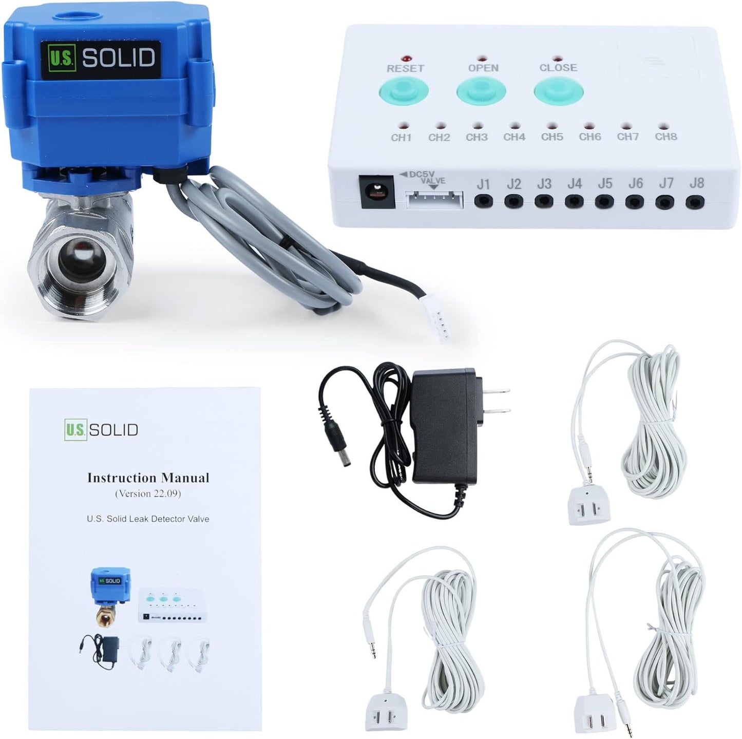 U.S. Solid Water Leak Detector - Water Alarm Leak Detect System with 3/4” Automatic Shut-Off Stainless Steel Motorized Ball Valve, Controller and 3 Sensors and Sound Alarm
