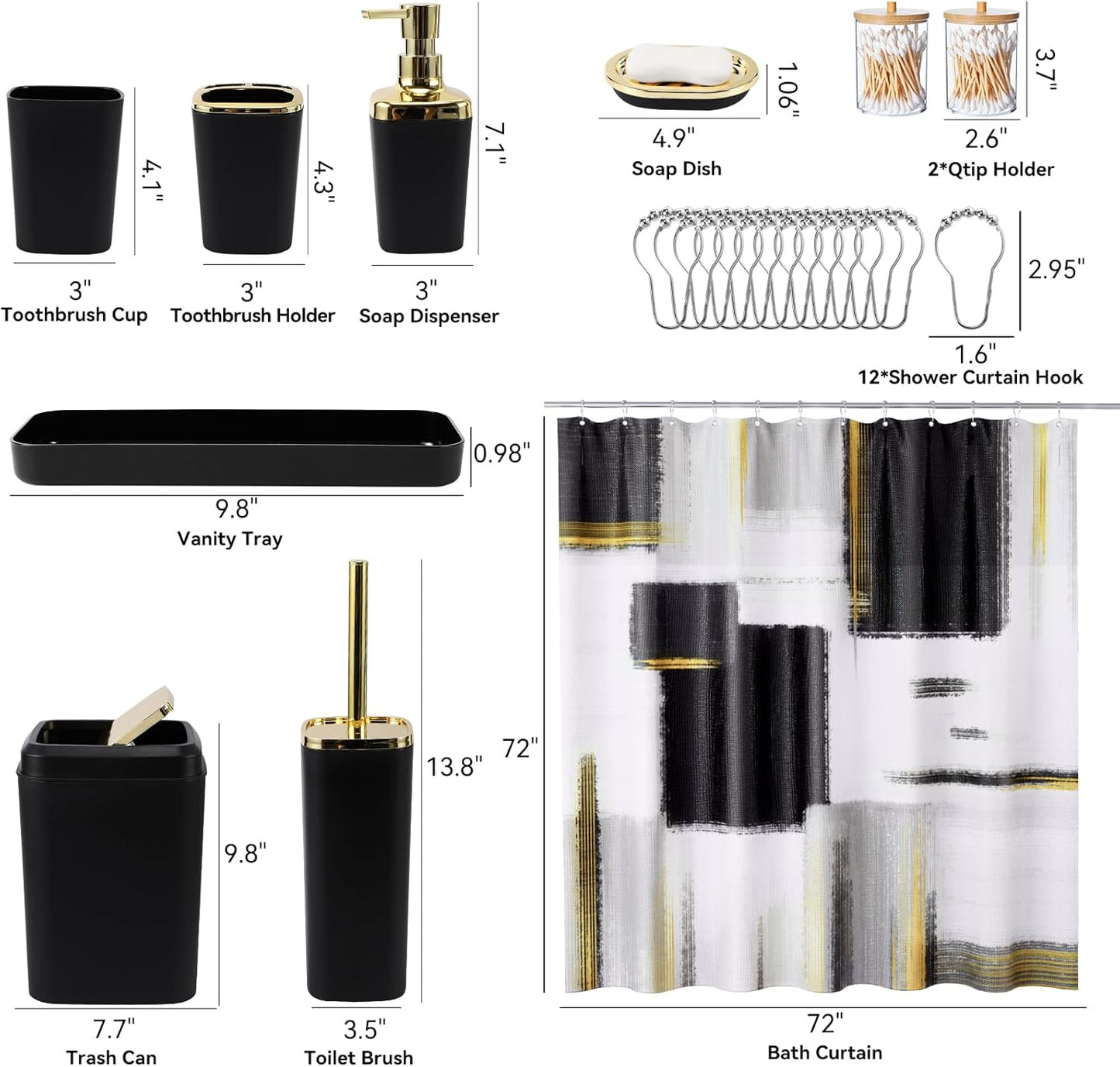 Black and Gold Bathroom Accessories Set, Bathroom Sets with Shower Curtain, Black Bathroom Accessories with Trash Can, Soap Dispenser, Soap Dish, Toilet Brush Holder, Qtip Holders for Bathroom