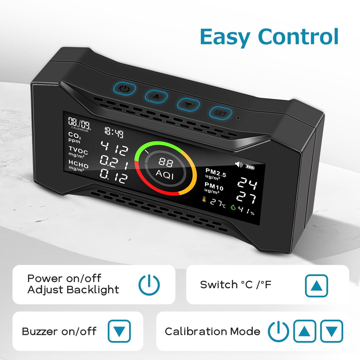 8-in-1 Air Quality Monitor Indoor, Portable Air Quality Tester CO2 Monitor (PM2.5, PM10, CO2, VOC, Formaldehyde, Humidity, Temp) 2600mAh Long-Lasting Battery Sleep-Friendly Display