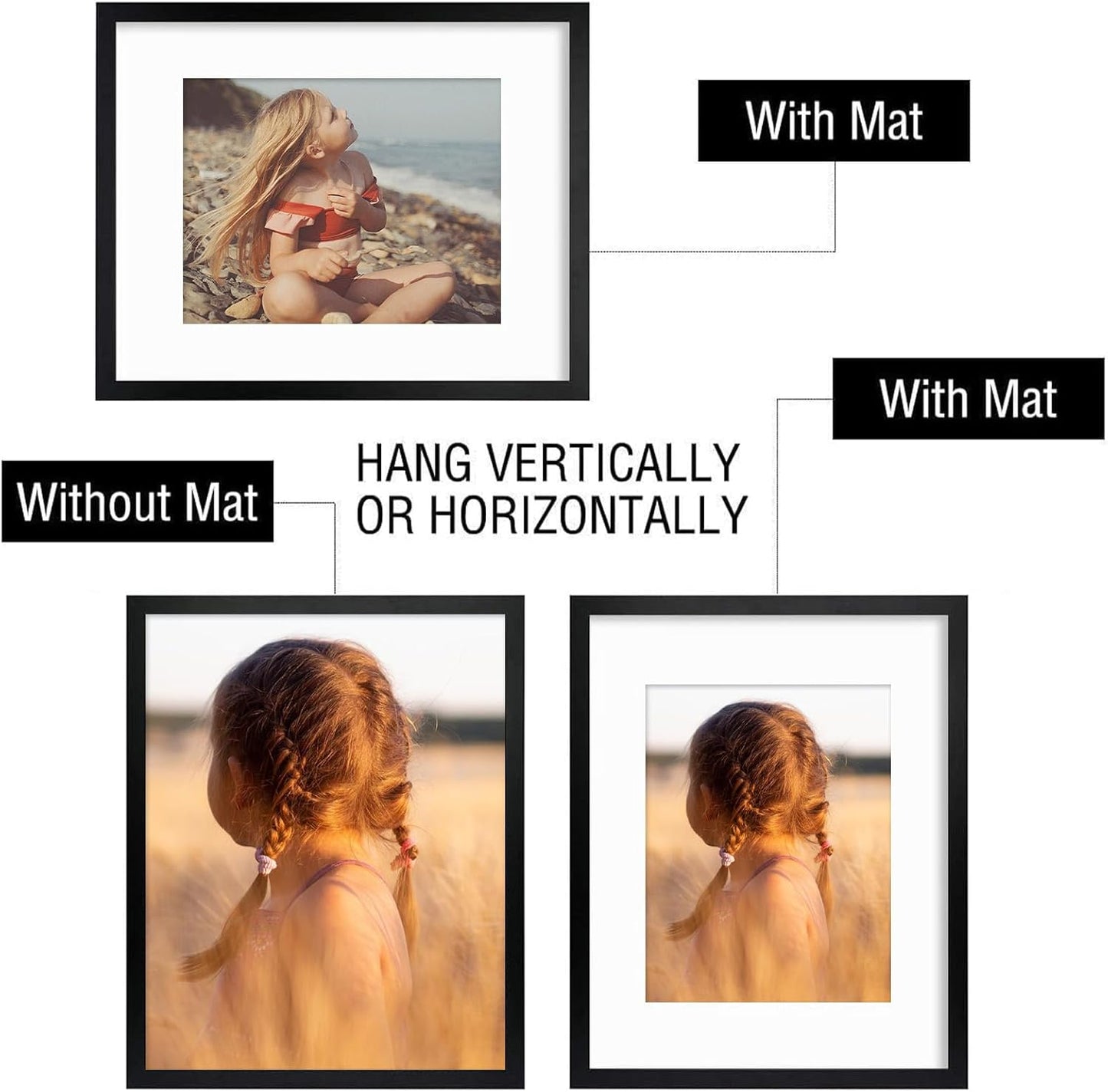 Golden State Art, Simple and Stylish Picture Frame with Mat & Real Glass Vertical Horizontal Display (16x20, Black)