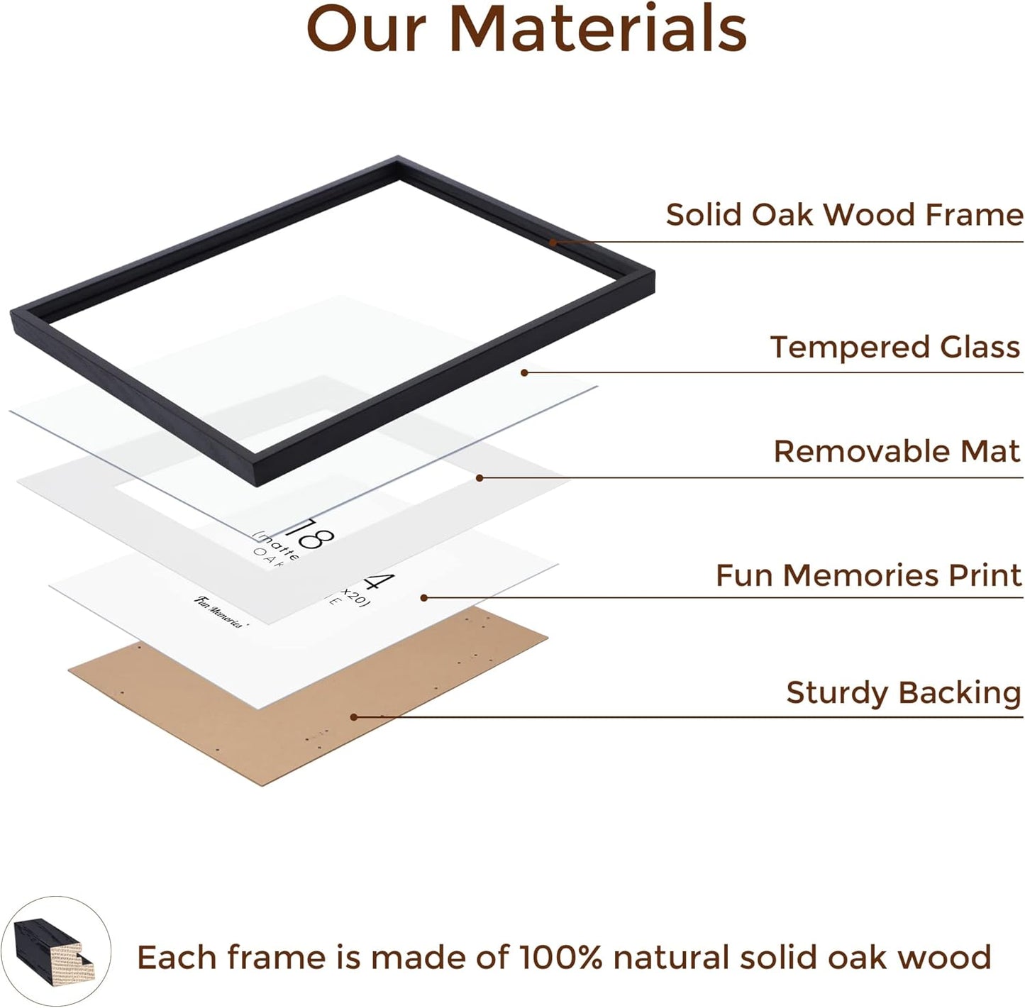Fun Memories 18x24 Picture Frame Black, Rustic Oak Wood 18 x 24 Poster Frames, Tempered Glass, 18x24 Frame with Mat for 16x20, Minimalist Wood 18 by 24 Frames, 18"x24" Art Frame, 1 Pack