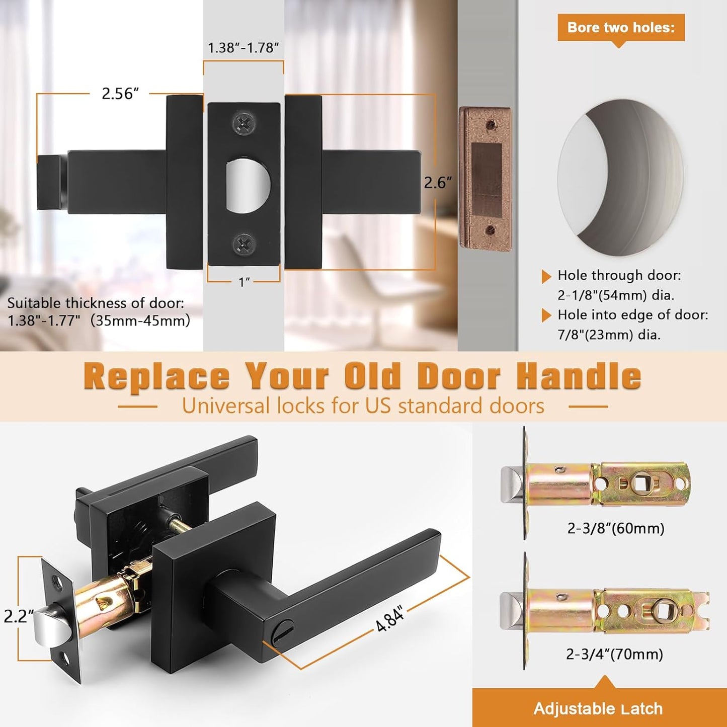 Probrico Interior Black Door Handle, Heavy Duty, Flat Square Privacy Door Handles, Keyless Door Levers Lockset for Bedroom and Bathroom (3 Pack, Modern)