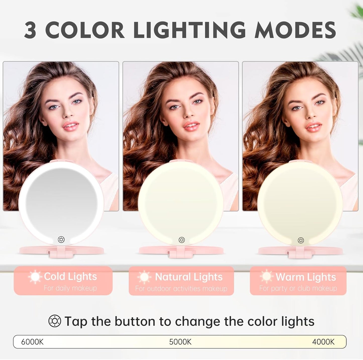 FUNTOUCH Travel Mirror with Light, 10X 1X Double Sided Magnification Rechargeable Mirror for Women Girls with 3 Color Setting Adjustable Rotation LED Vanity, Pink