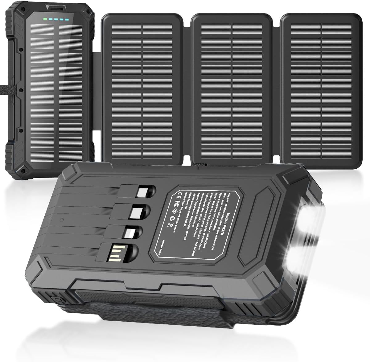 Solar Charger Power Bank 49800mAh with 4 Built-in Cables & 4 Foldable Panels, PD22.5W Fast Portable Phone Charger, External Battery Pack with USB-C in/Output & Flashlight for Outdoor Camping