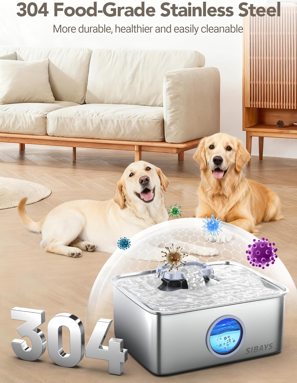 SIBAYS 4Gal/15L Dog Water Fountain, Stainless Steel Large Capacity Pet Water Fountain with Water Level LED Light, Automatic Quiet Dog Water Bowl Dispenser for Large Dogs & Multi-Pet Easy to Clean FS79