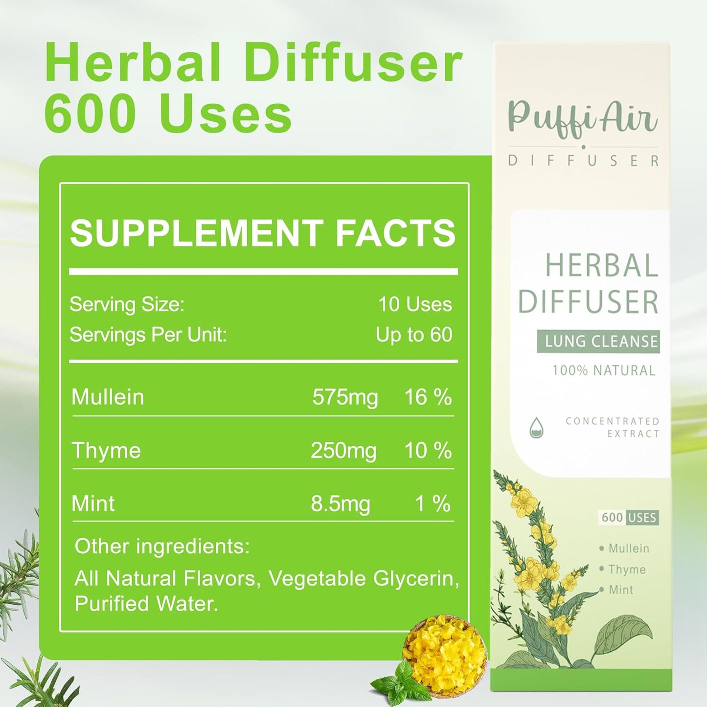PUFFIAIR Focus Energy Duo Herbal Diffuser Pen Set | Mullein and Caffeine Inspired Blends | Green Orange | 2 Count