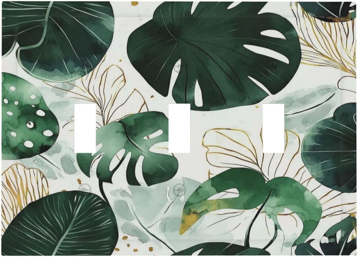 Boho Tropical Green Leaf Watercolor Banana Leaves Decorative Switch Plates 3 Gang Wall Plate Triple Toggle Light Switch Cover Faceplate Electrical Wall Panels For Bed Room Living Room Decor