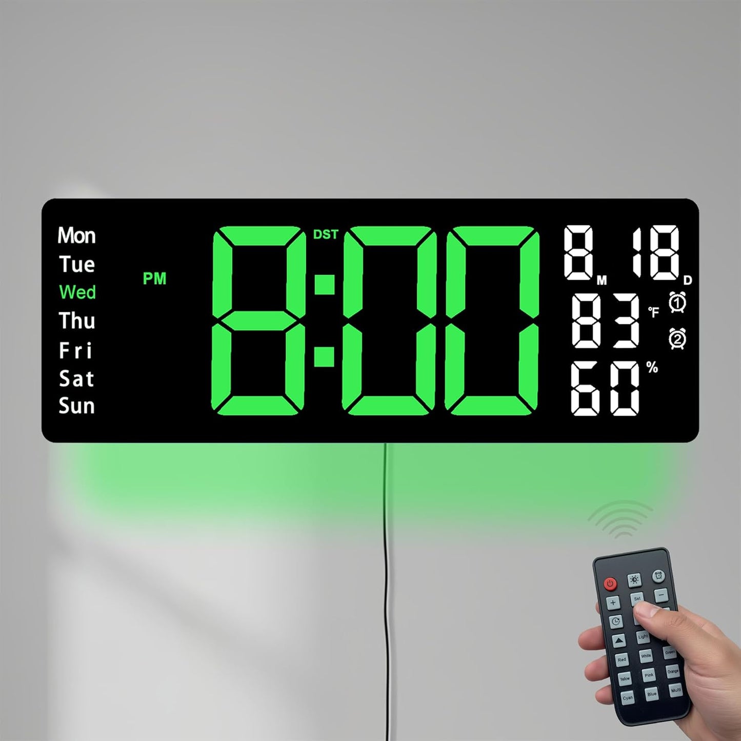 17.5 Inch Green LED Digital Wall Clock with 8 Ambient Light Colors｜Displays Time,Date,Day,Temperature&Humidity,Dual Alarms,Countdown&Stopwatch,DST,10-Level Auto/Manual Brightness｜Modern Silent Clock