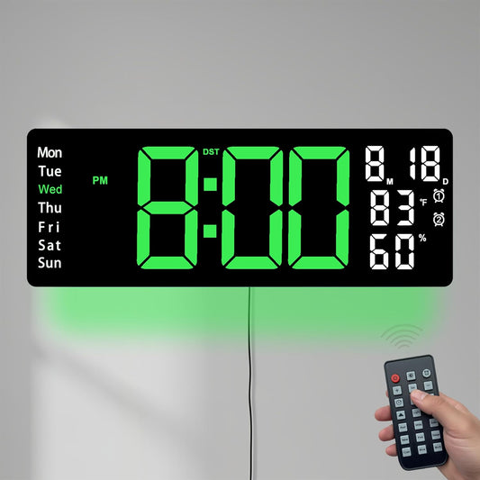 17.5 Inch Green LED Digital Wall Clock with 8 Ambient Light Colors｜Displays Time,Date,Day,Temperature&Humidity,Dual Alarms,Countdown&Stopwatch,DST,10-Level Auto/Manual Brightness｜Modern Silent Clock