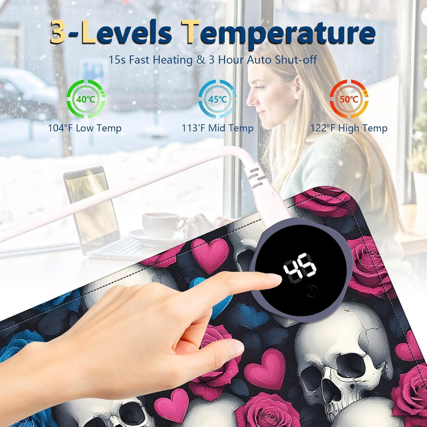 Heated Mouse Pad with 3 Temperature Settings(104°F–122°F),Large 24x14.2 Inch PU Leather Heated Desk Mat,Waterproof Warming Pad for Office,Gaming & Cold Hands Relief,Skeleton Skulls Flower