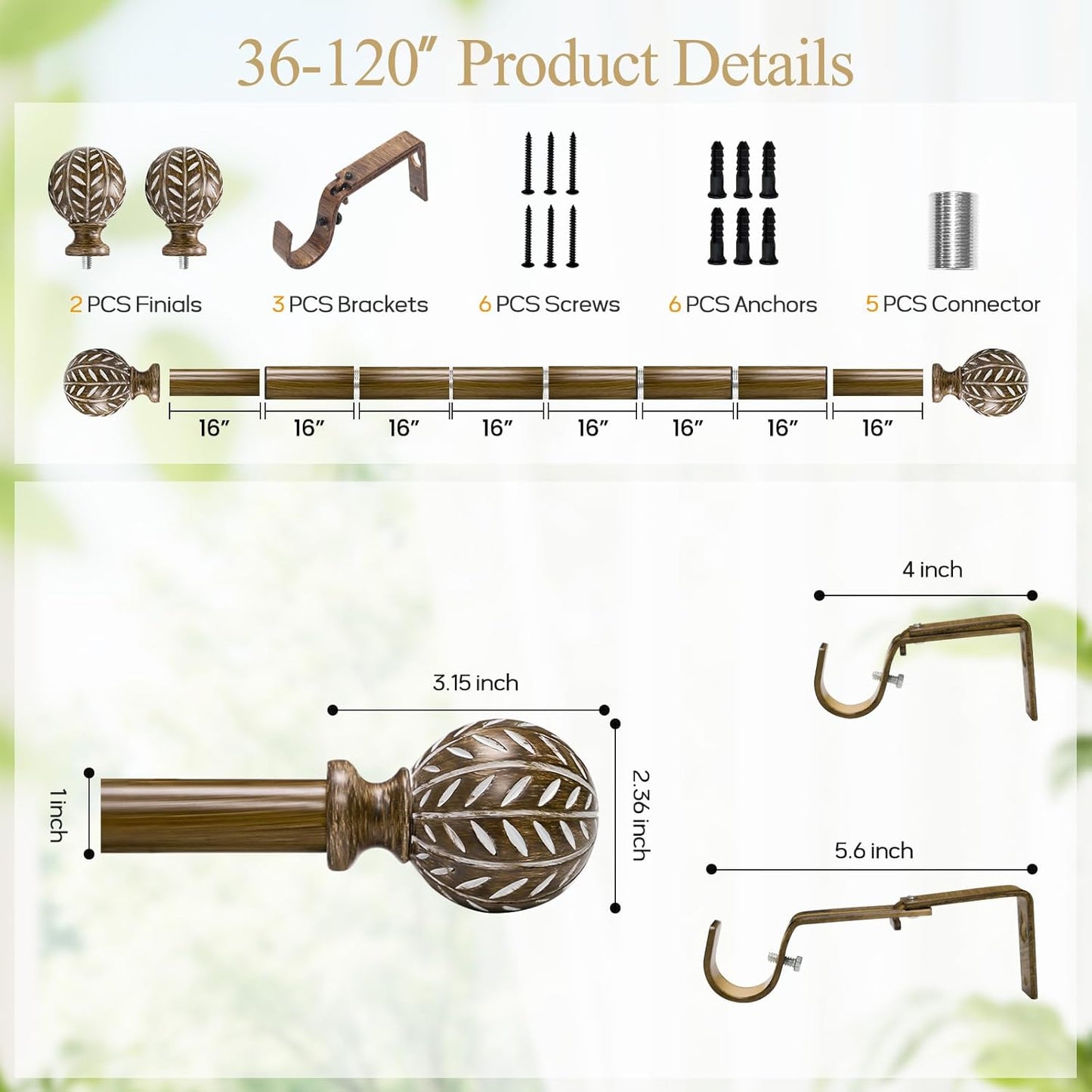 Boho Wooden Curtain Rods for Windows 66 to 120 Inches(5.5-10ft), Adjustable Heavy Duty 1" Diameter Drapery Rod with Imitation Wood-Grain Leaf-Pattern Finials - for Living Room & Bedroom，36-120''