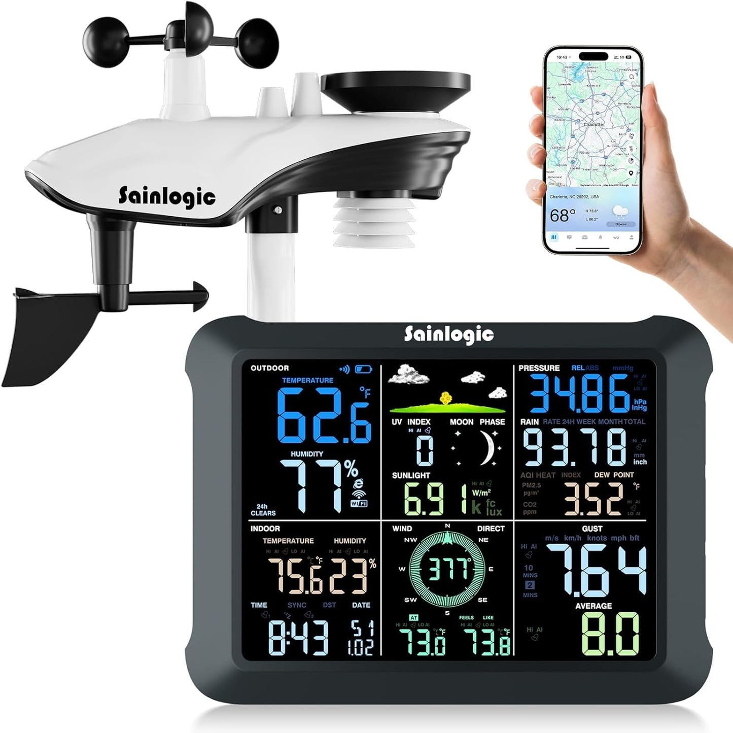 Sainlogic WiFi Smart Weather Station SA9 with 24H/ 7Days Accurate Weather Forecast by Weatherseed® AI, 8.5" Large Display,UV,Sun Light,Rain Gauge,Wind Gauge,2-Year Data Storage & Export（Only 2.4G）