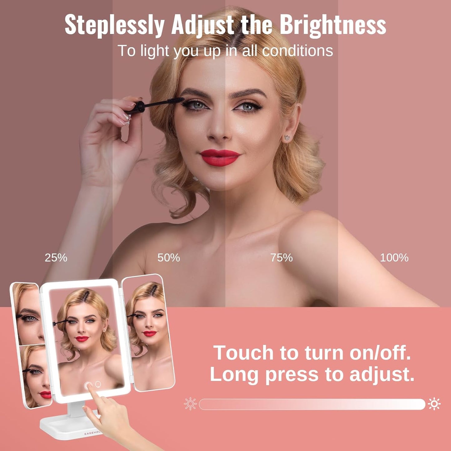 EASEHOLD Vanity Mirror with Lights, 2X 3X Magnification, Trifold, Rechargable, Touch Control - Gifts for Girls & Women