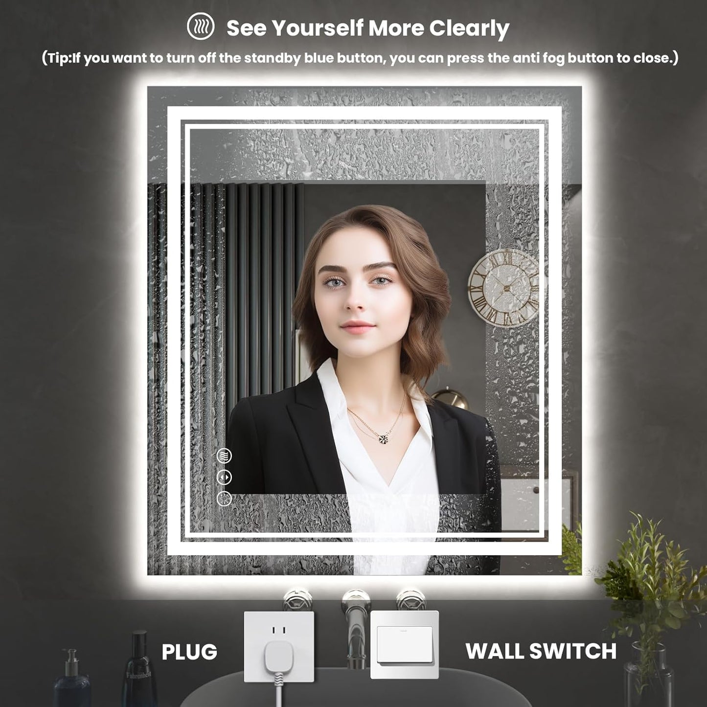 24 x 28 Inch LED Bathroom Mirror, Front Light and Backlit Anti-Fog Dimmable Memory Lighted Vanity Mirror, Shatterproof Wall-Mounted Led Mirror for Bathroom