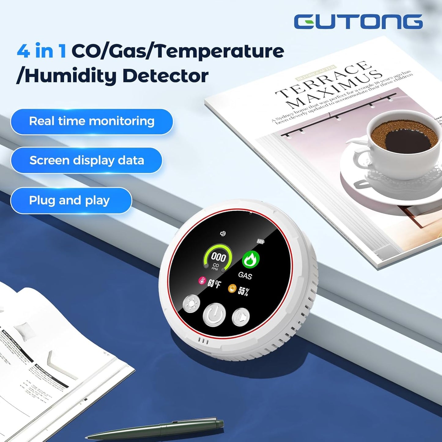 4 in 1 Carbon Monoxide Detectors Plug in, CO Detector & Natural Gas Detector with Battery Backup, HD Digital Display Monitors CO, Combustible Gas, Temp, Humidity - Home Safety for House, RV, Apartment