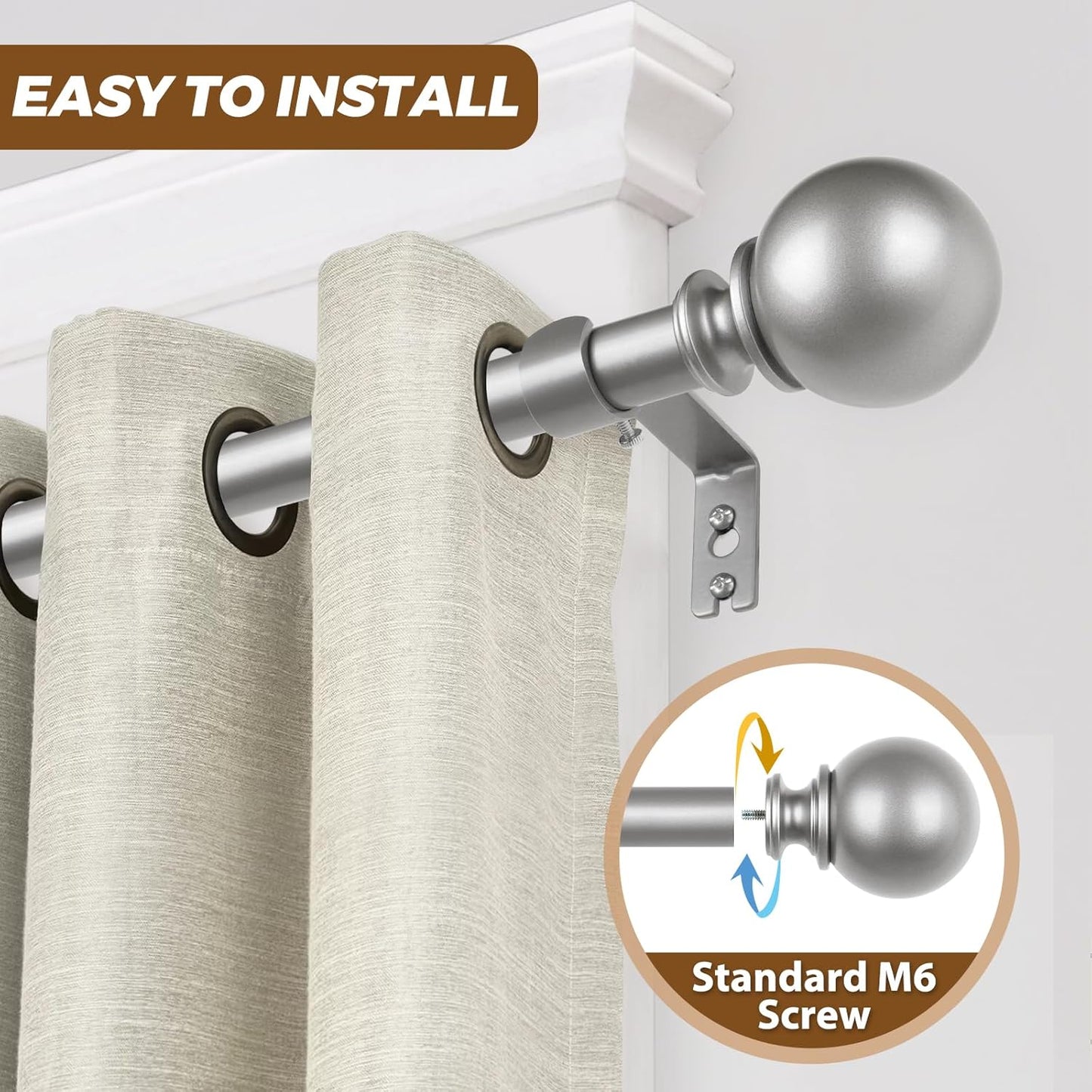 KAMANINA Long Curtain Rods for Windows 66 to 120 Inches (5.5-10ft), Silver Heavy Duty Curtain Rod, 7/8 Inch Decorative Drapery Rod with Round Finials