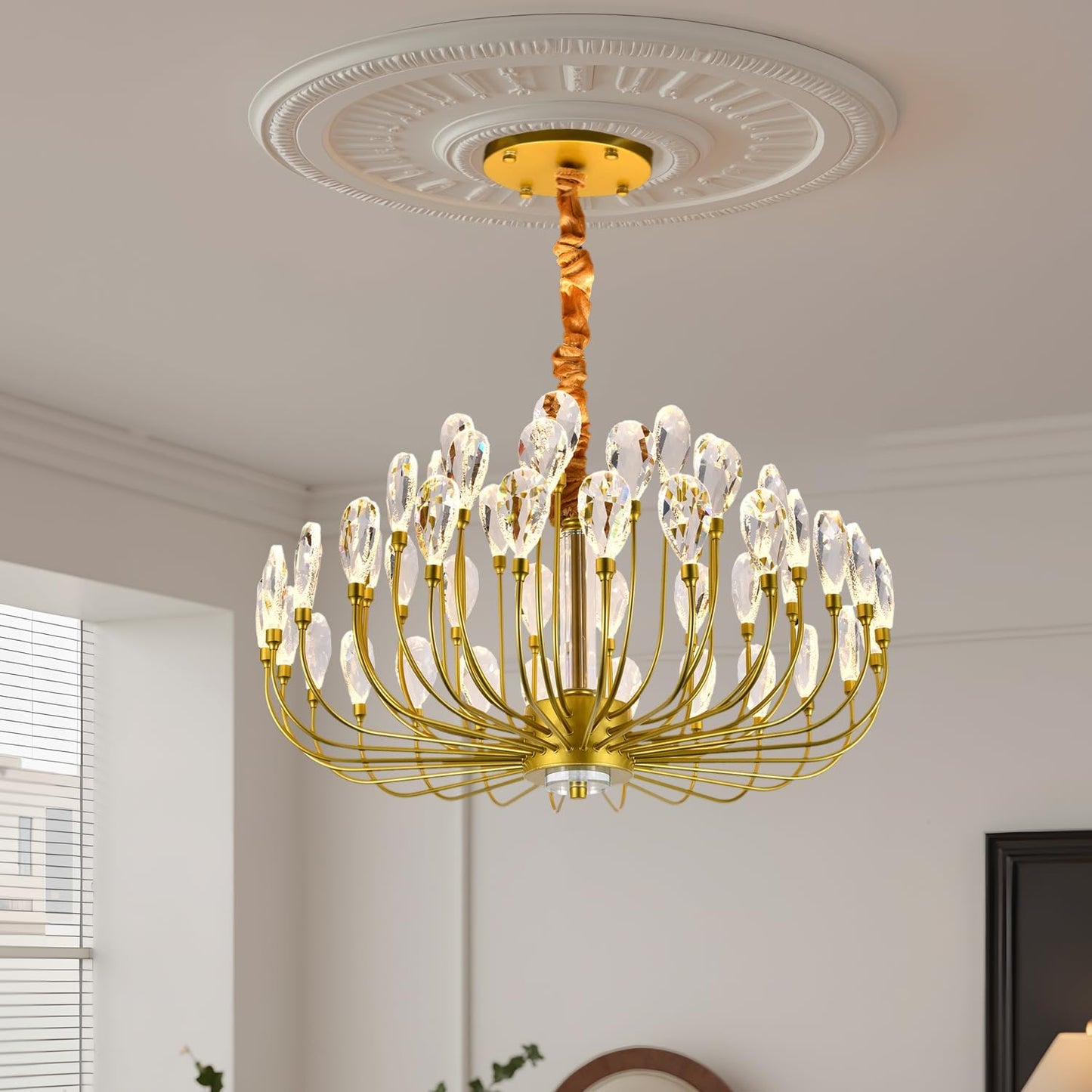 Crystal Gold Chandelier Modern Round Ceiling Pendant Light Fixture Led Tree Branch Chandeliers for Living Room Dining Room Kitchen Bedroom Hotel