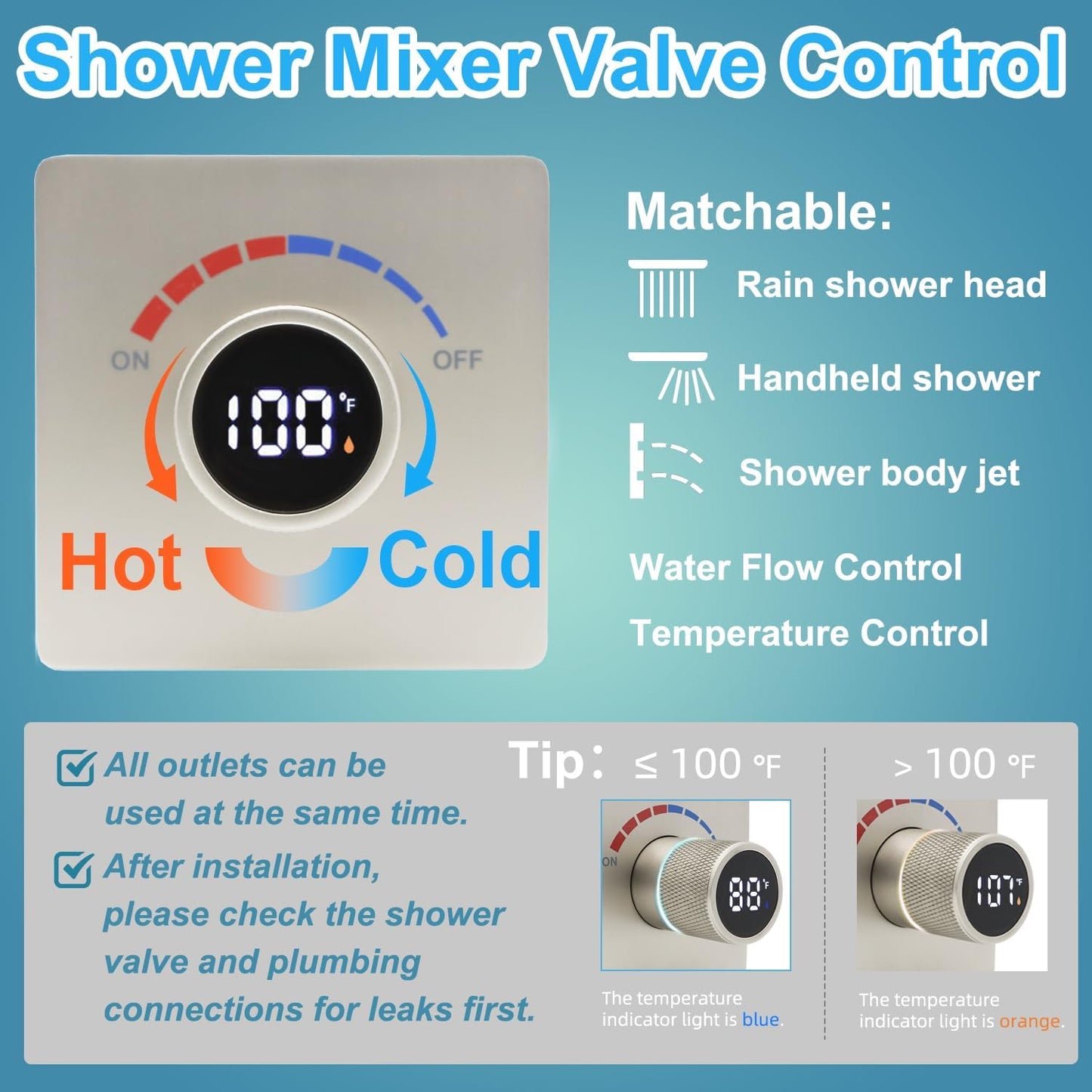 Digital Display Shower Valve Shower Valve Single Way Shower Diverter Valve Shower Mixing Valve Can Use All the Time Brushed Nickel