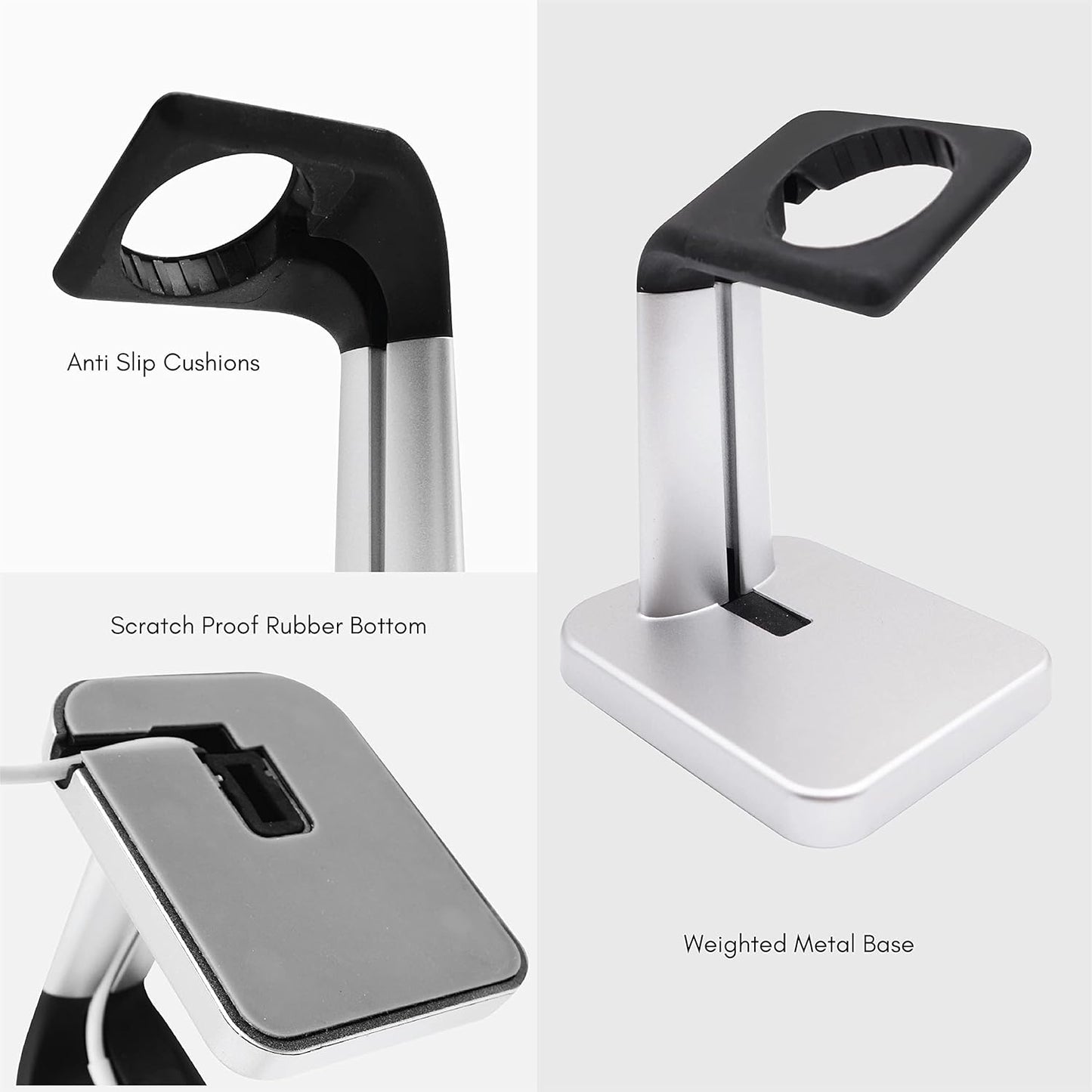 Macally Apple Watch Stand for Series Ultra 10 9 8 7 6 5 4 3 2 1 SE (49mm 45mm 44mm 42mm 41mm 40mm 38mm) - Apple Watch Charger Stand Dock Holder - Sleek Desk iWatch Charging Station - Silver