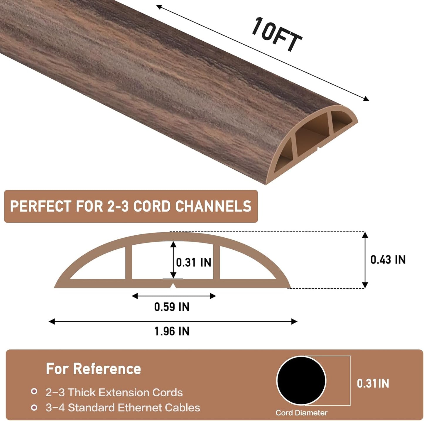 Floor Cord Cover Self Adhesive Cord Hider Floor Extension Cord Covers for Floor Power Cord Protector Cable Management Prevent Cable Trips Cable Cavity 0.59" W x 0.31" H (Smoked Brown Wood, 10Ft)